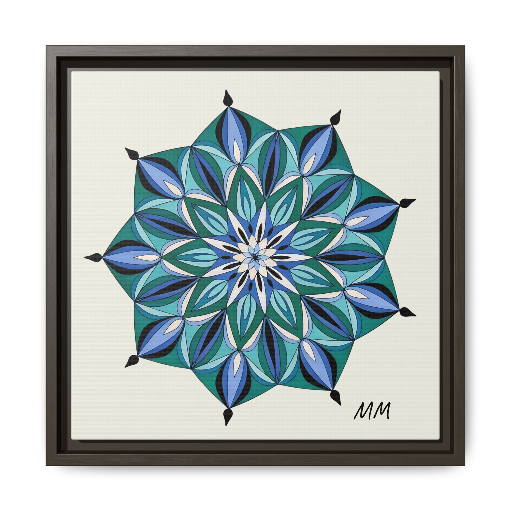Arabella Blue Green Mandala Framed Canvas Print — Modern Geometric Wall Art