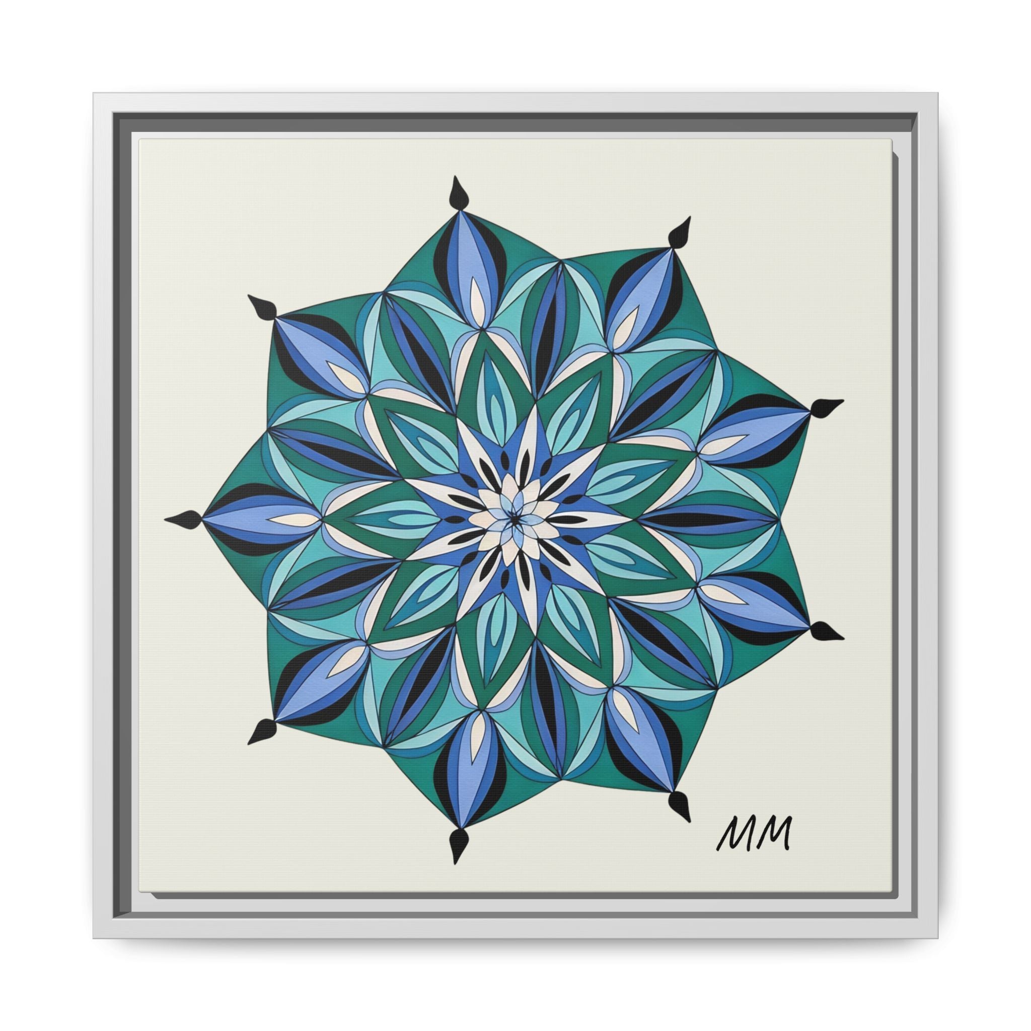 Arabella Blue Green Mandala Framed Canvas Print — Modern Geometric Wall Art