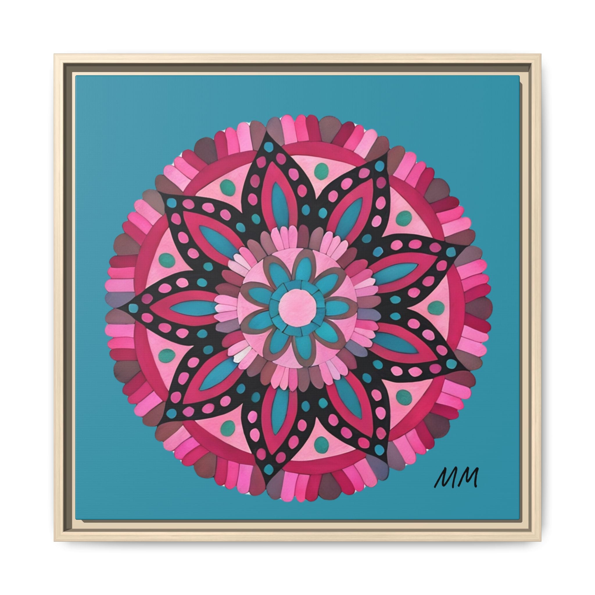 Lennon Framed Floral Mandala Canvas Art – Pink & Teal Decorative Wall Print
