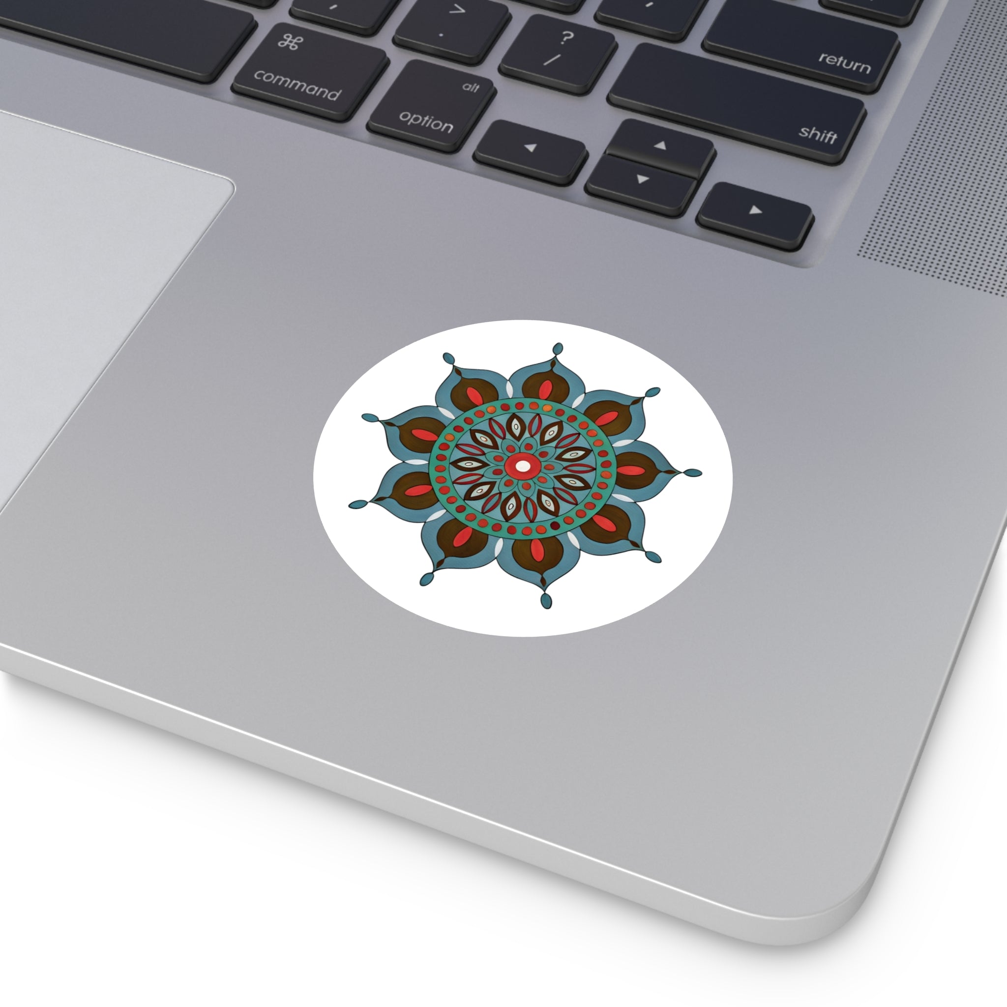 Everlee Mandala Floral Round Vinyl Sticker — Boho Teal & Red Decorative Decal