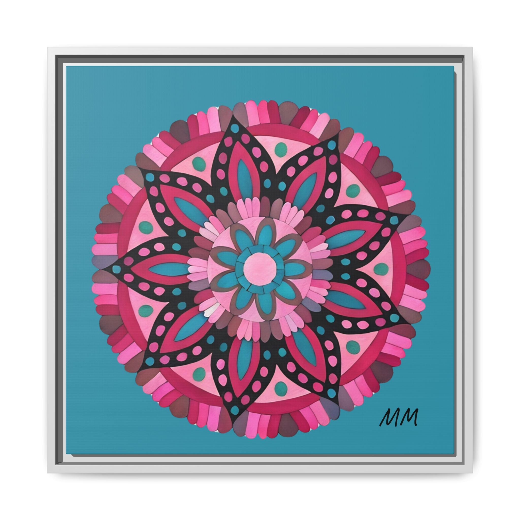 Lennon Framed Floral Mandala Canvas Art – Pink & Teal Decorative Wall Print