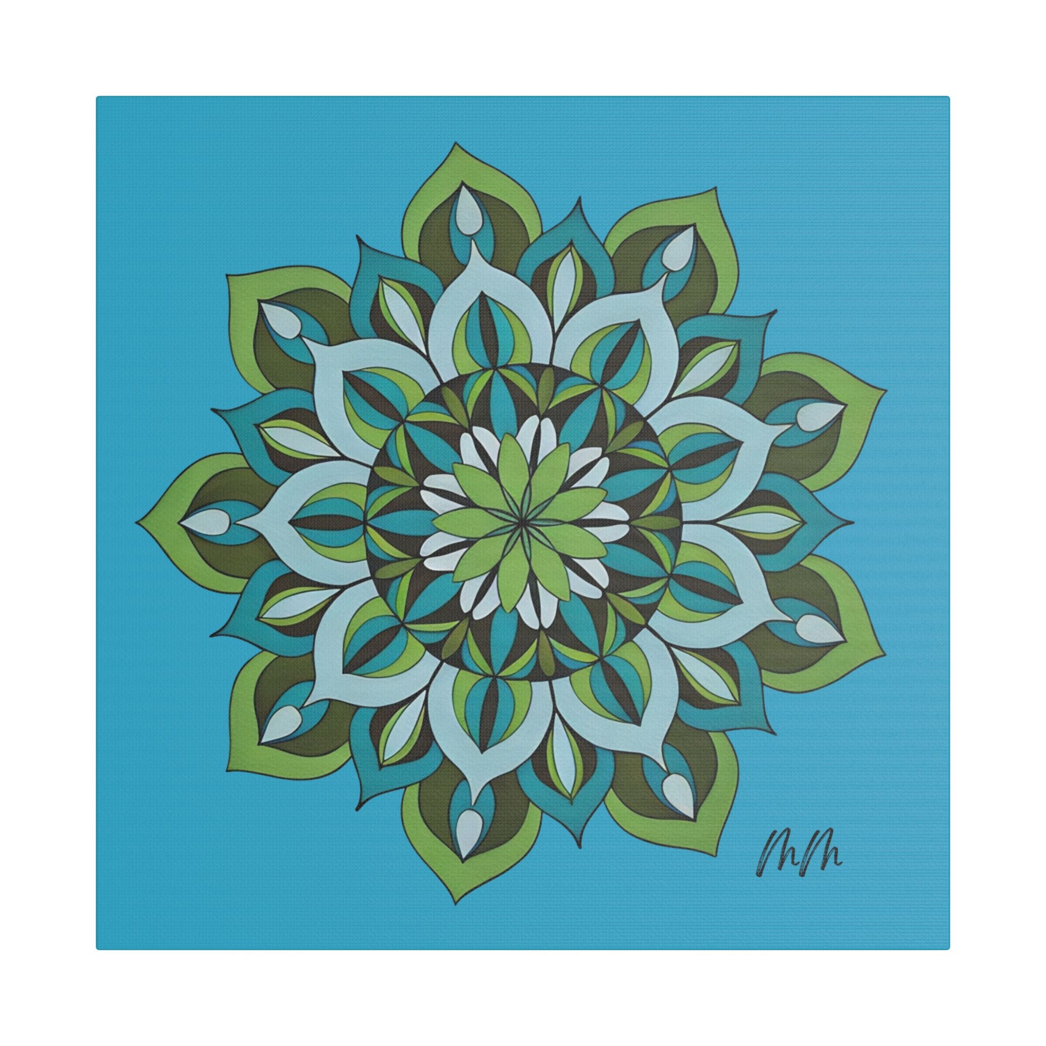 Lynne Mandala Art Green Blue Floral Mandala Satin Canvas Wall Art — Stretched Decorative Canvas
