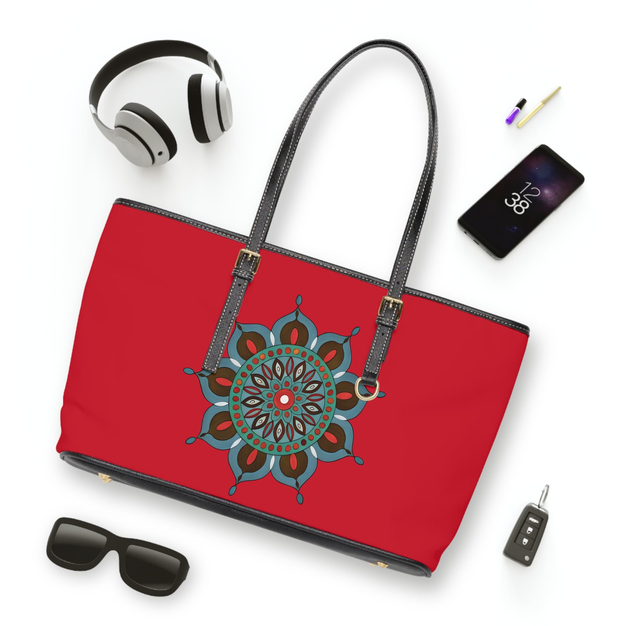 Everlee Red Mandala PU Shoulder Bag — Boho Chic Tote for Everyday & Travel