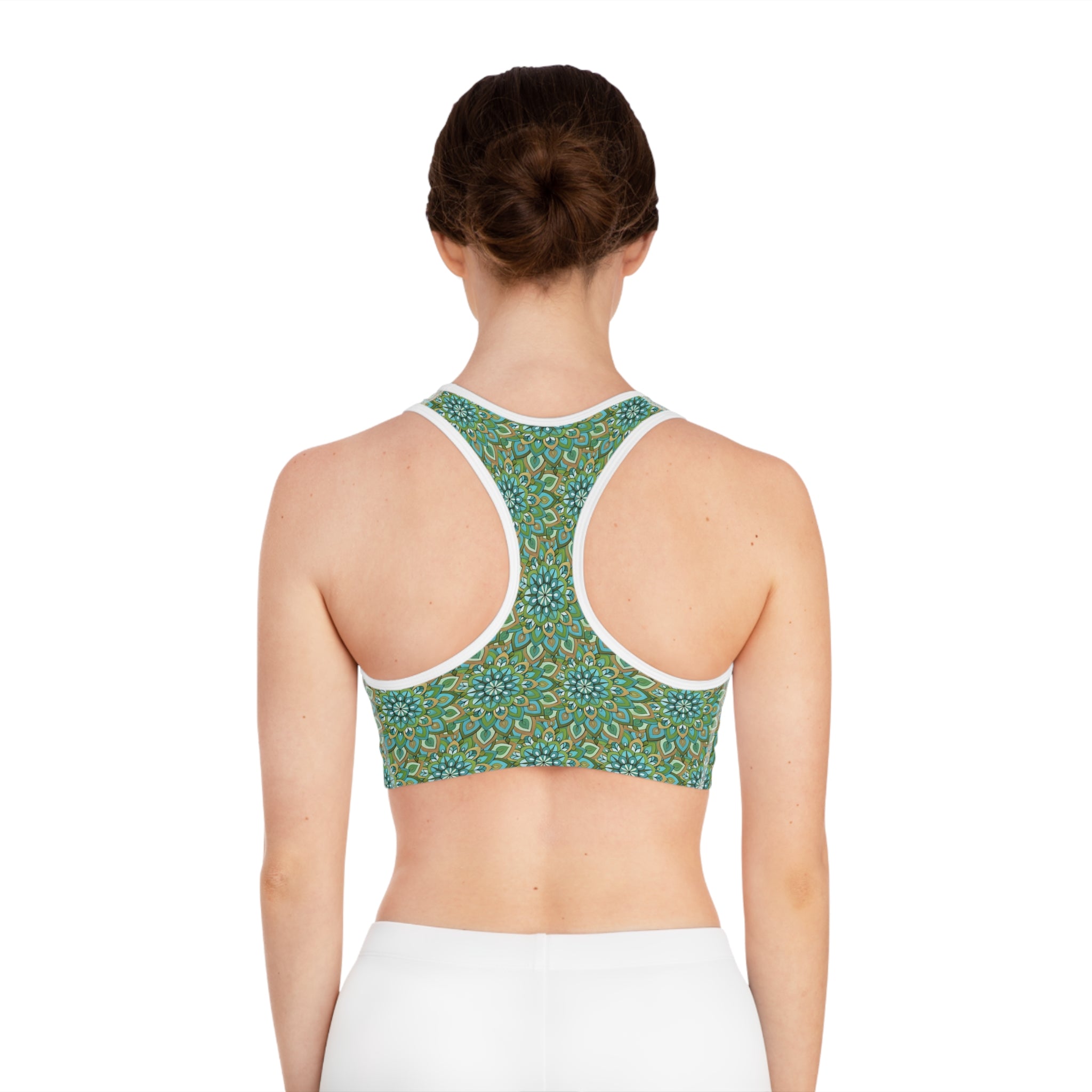 Mary Mandala Floral Sports Bra — Green Teal All-Over Print