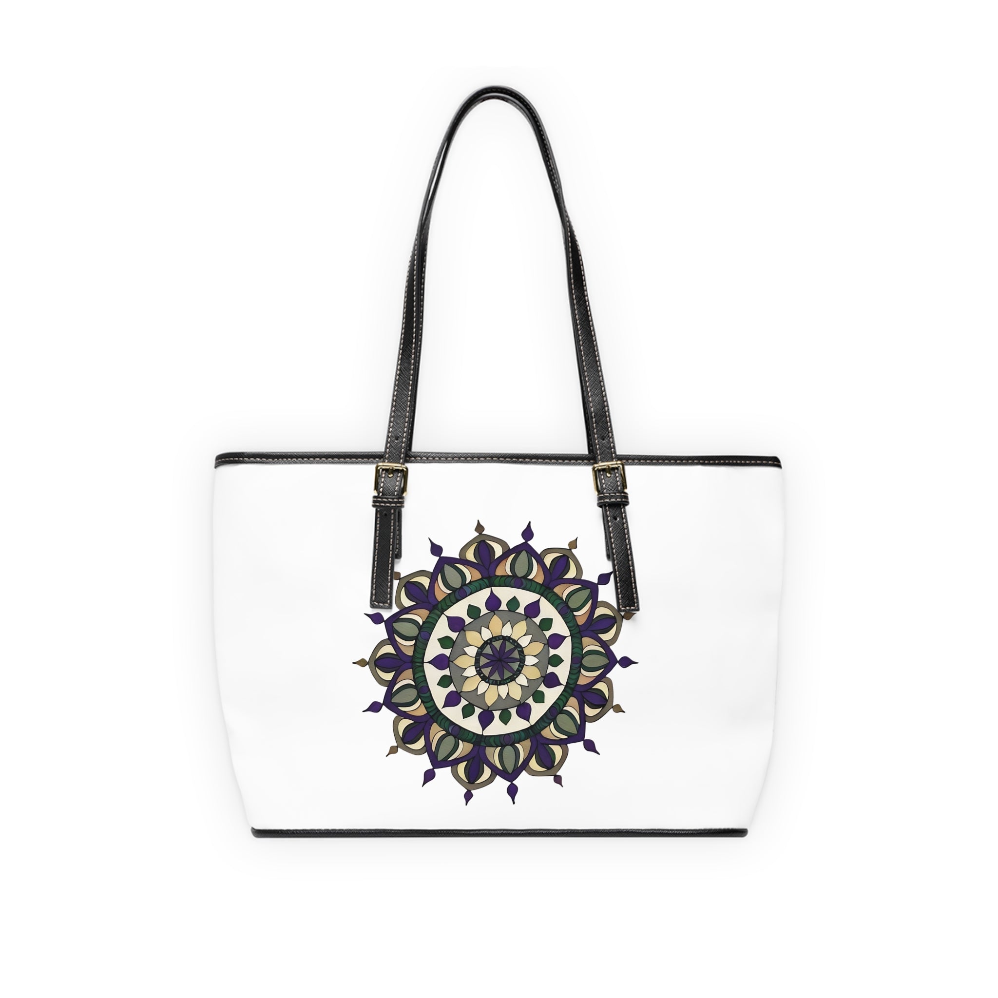 Elizabeth Mandala Shoulder Bag - Boho PU Leather Tote with Purple & Green Floral Medallion