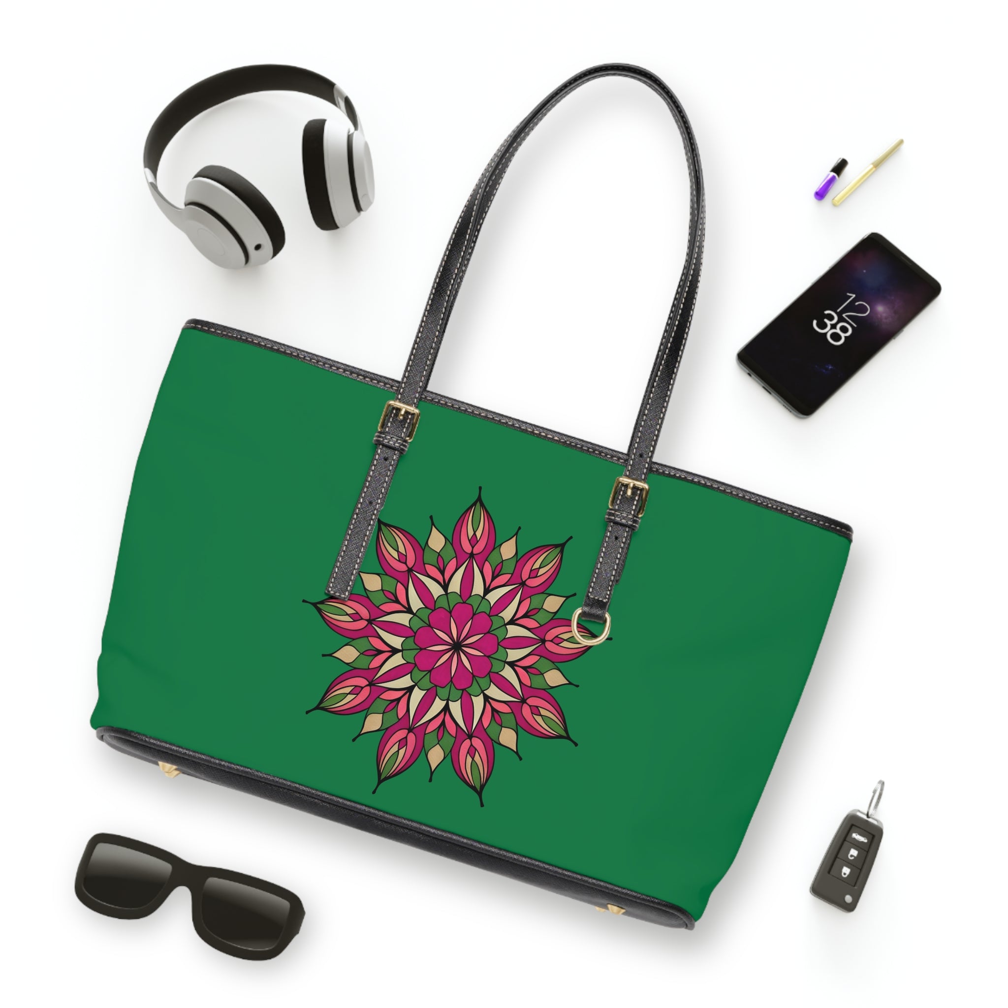 Avery Mandala Floral Mandala PU Leather Shoulder Bag – Green Pink Boho Tote by Infinite Hue