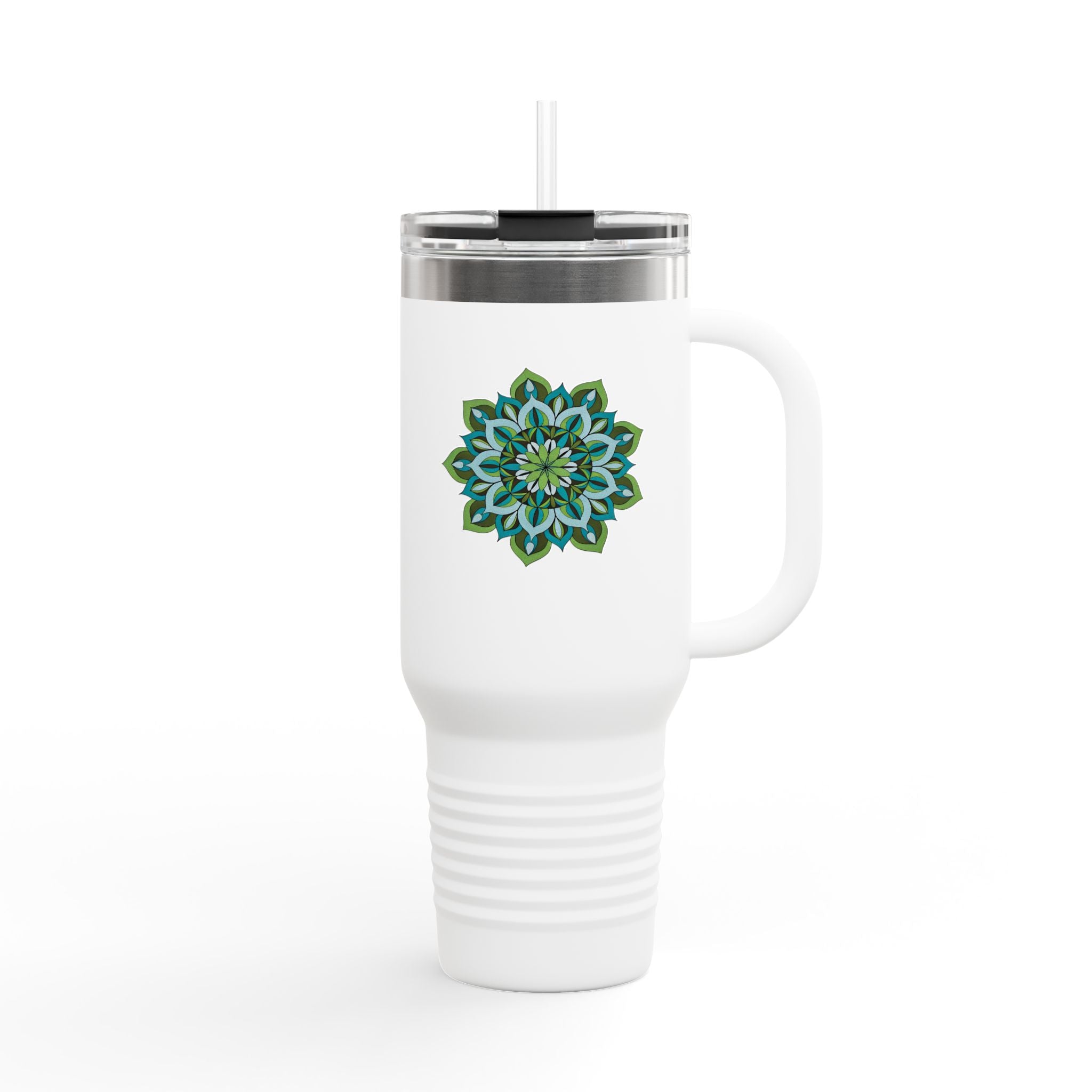 Lynne Mandala Art 40oz Insulated Travel Mug with Green Blue Mandala — Large Tumbler for Commuting & Outdoors