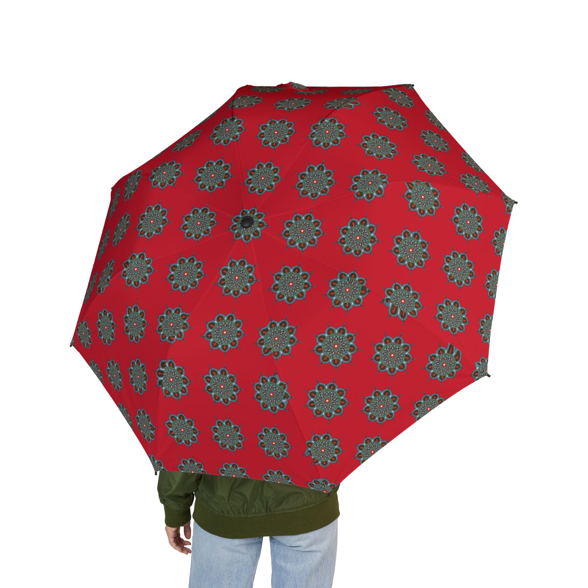 Everlee Mandala Art Compact Foldable Umbrella — Red Floral Medallion Pattern, Semi‑Automatic Travel Umbrella
