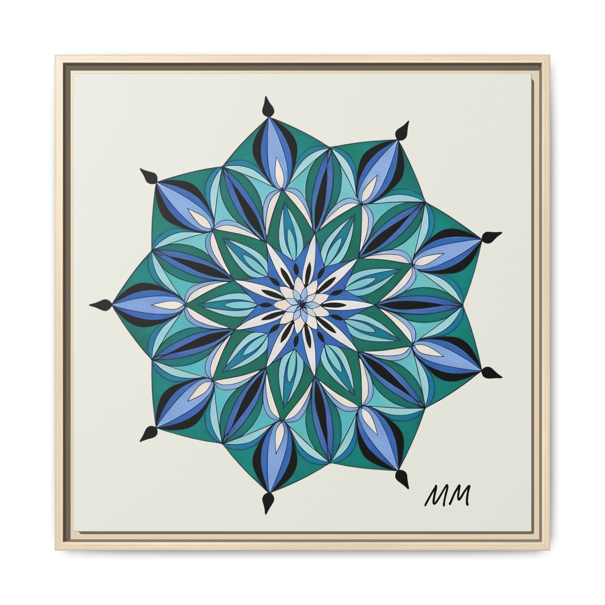 Arabella Blue Green Mandala Framed Canvas Print — Modern Geometric Wall Art