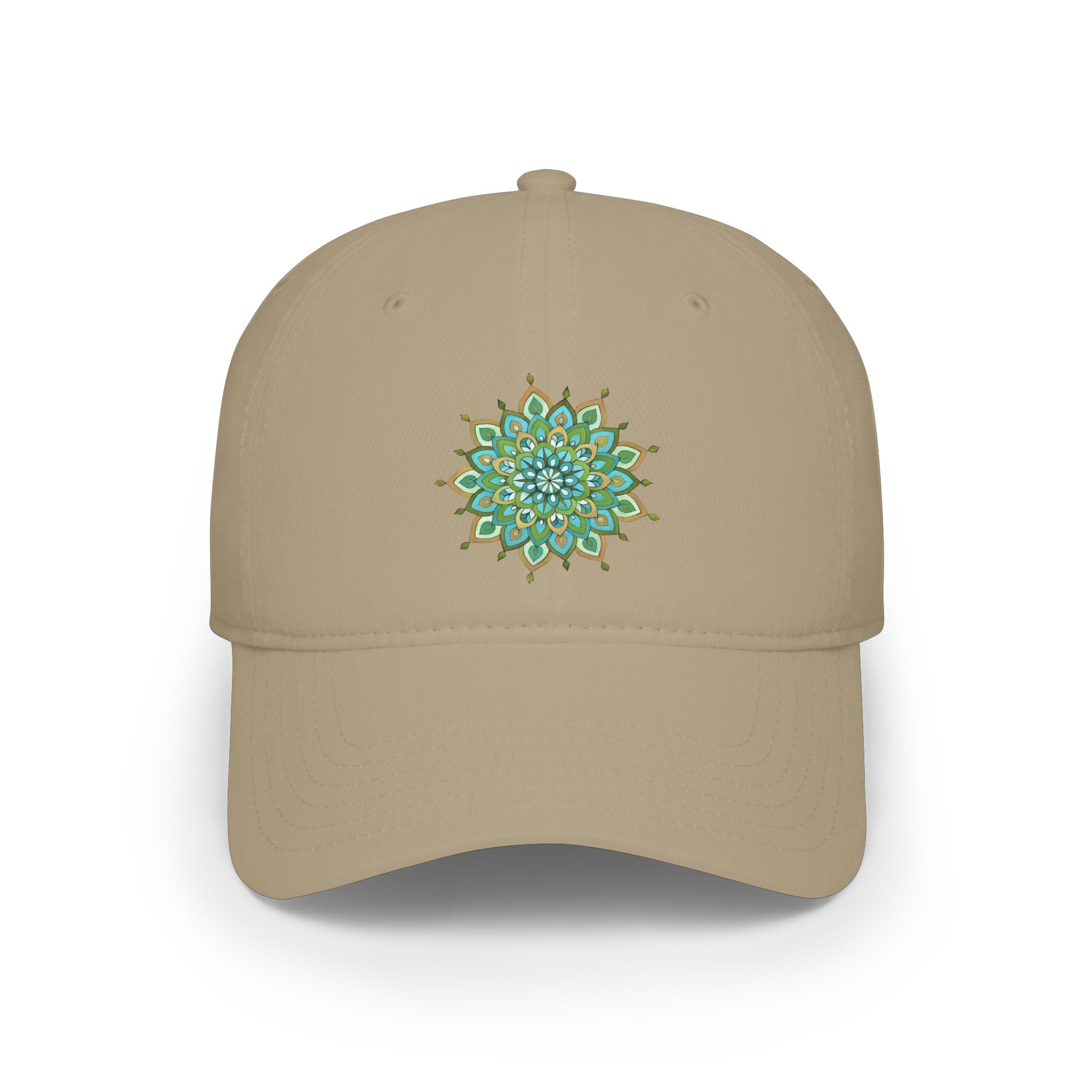 Mary Mandala Embroidered Green Baseball Cap — Low Profile Floral Sunburst Hat
