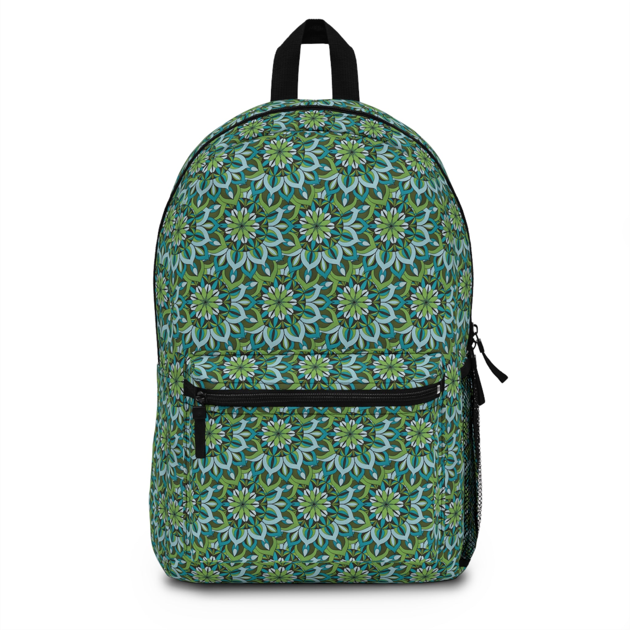 Lynne Mandala Art Floral Mosaic Backpack — Green Blue Mandala Pattern Front Pocket