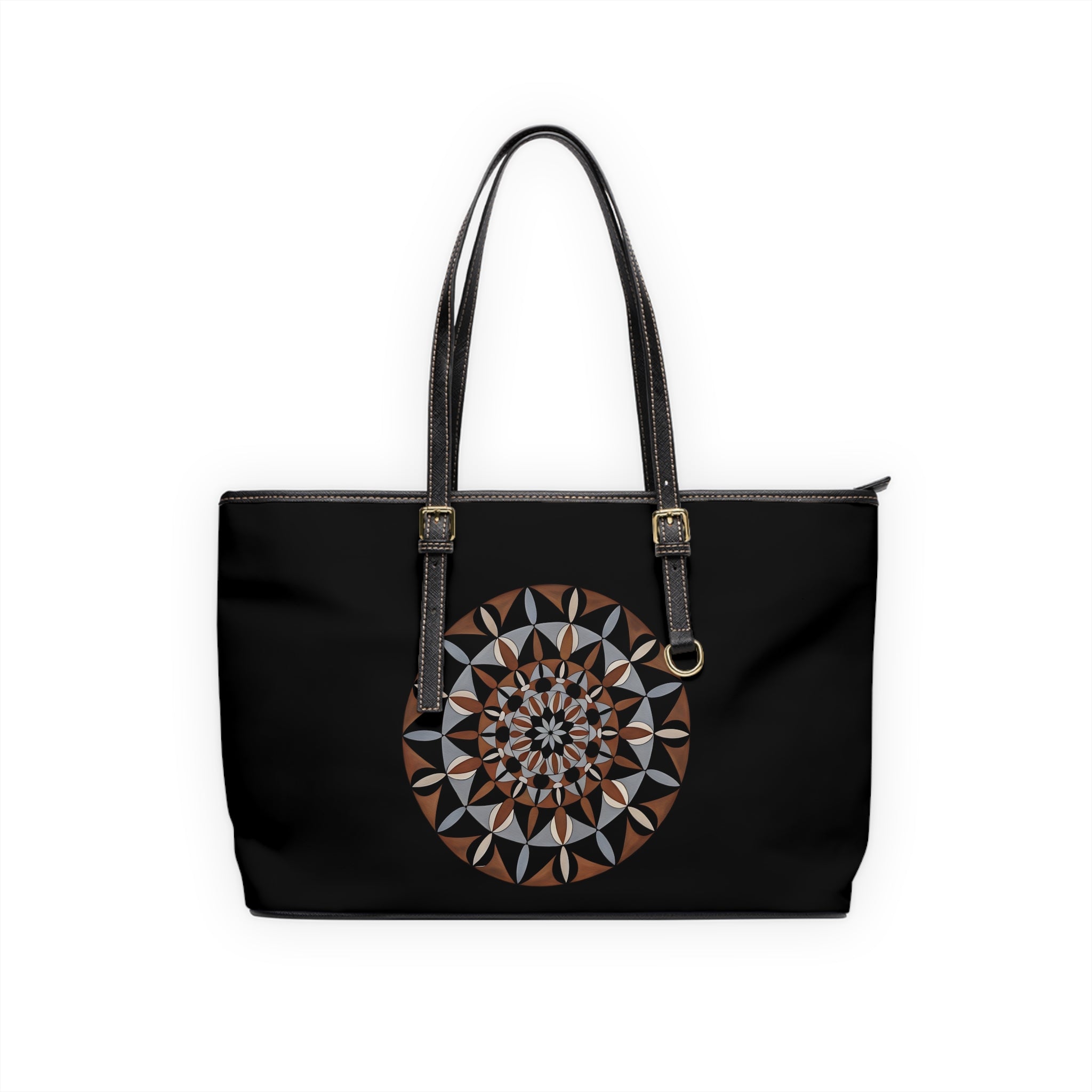 Lily Mandala Leather Tote Bag — Geometric Brown & Black Shoulder Purse