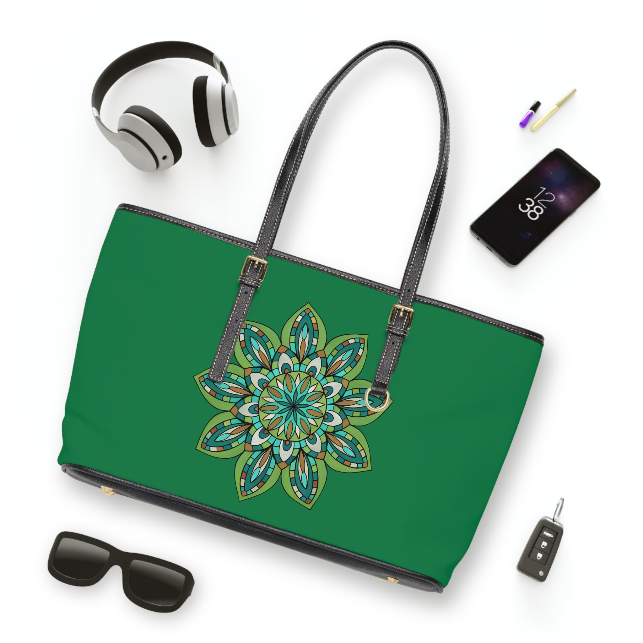 Raneem Green Floral Mandala Shoulder Bag — PU Leather Tote for Everyday & Travel