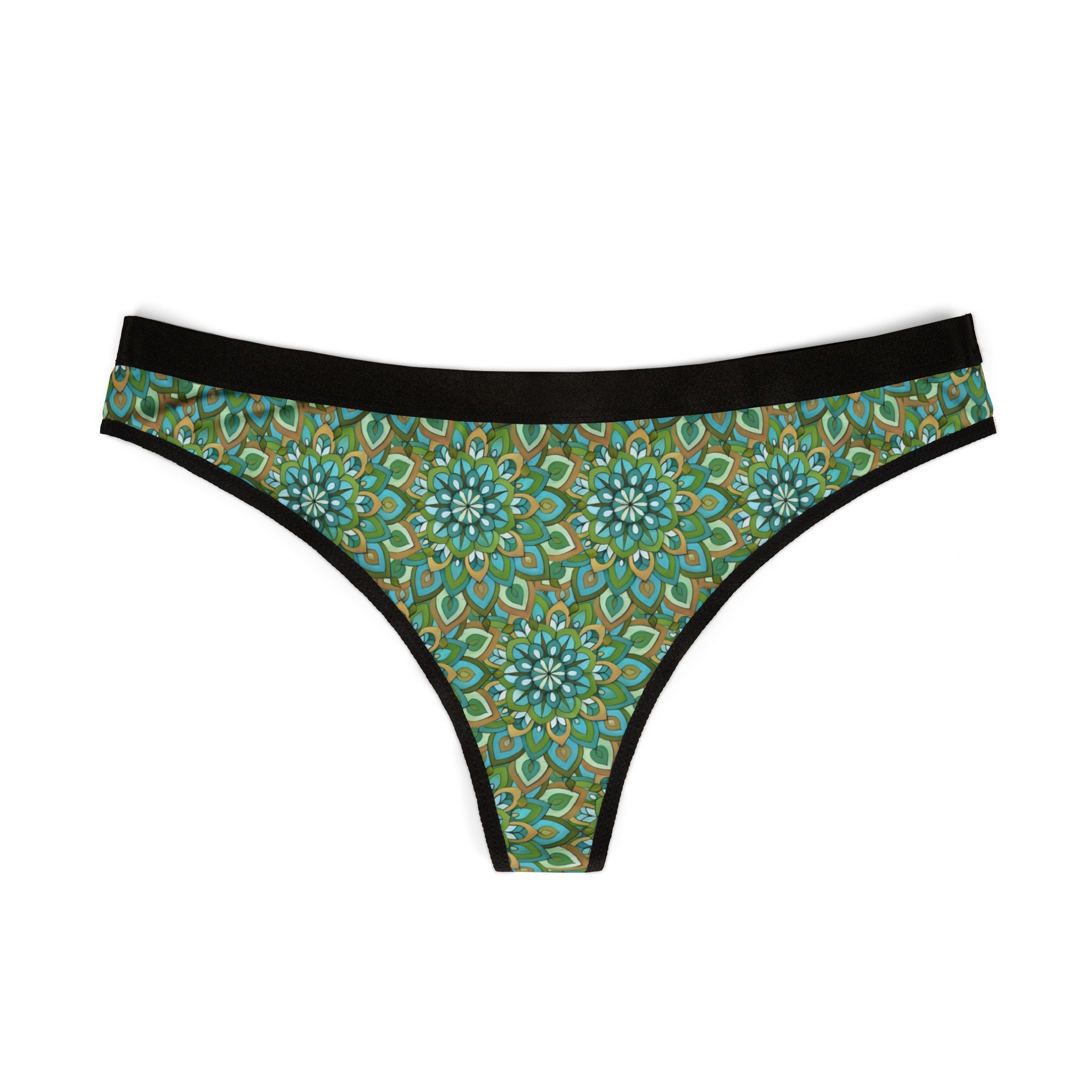 Mary Mandala Green Women's Thong — Floral Boho Lace-Style Print