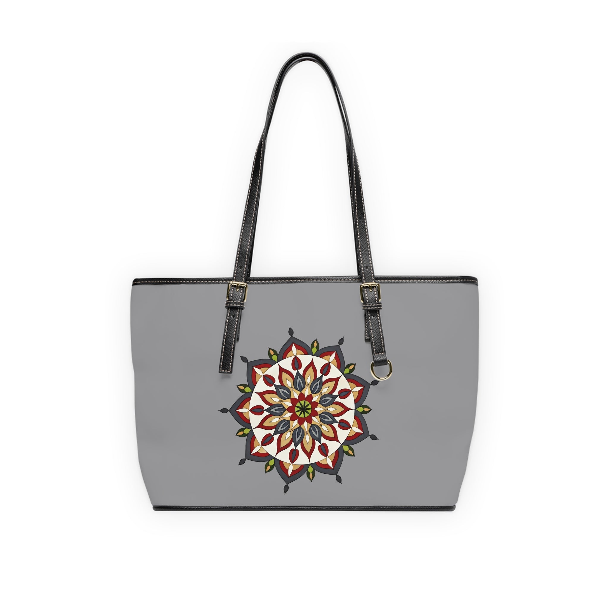 Ana Mandala Art PU Leather Shoulder Bag — Boho Mandala Tote, Grey Floral Geometric Design by Infinite Hue