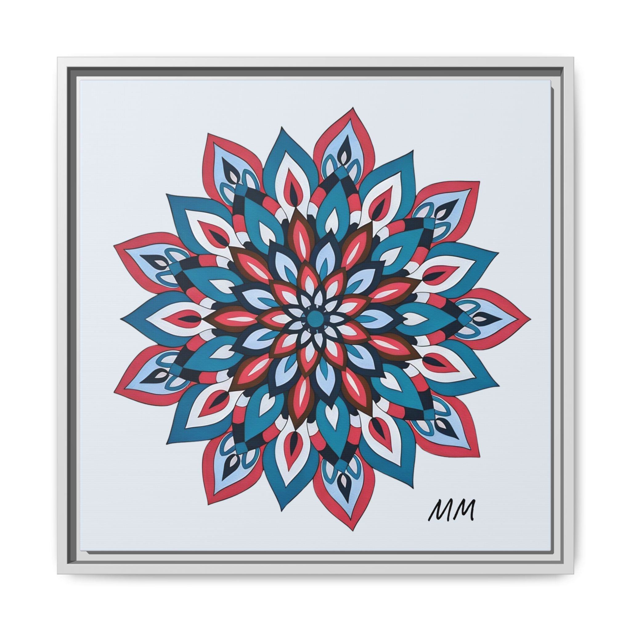 Quinn Framed Mandala Wall Art Print — Blue & Coral Floral Canvas
