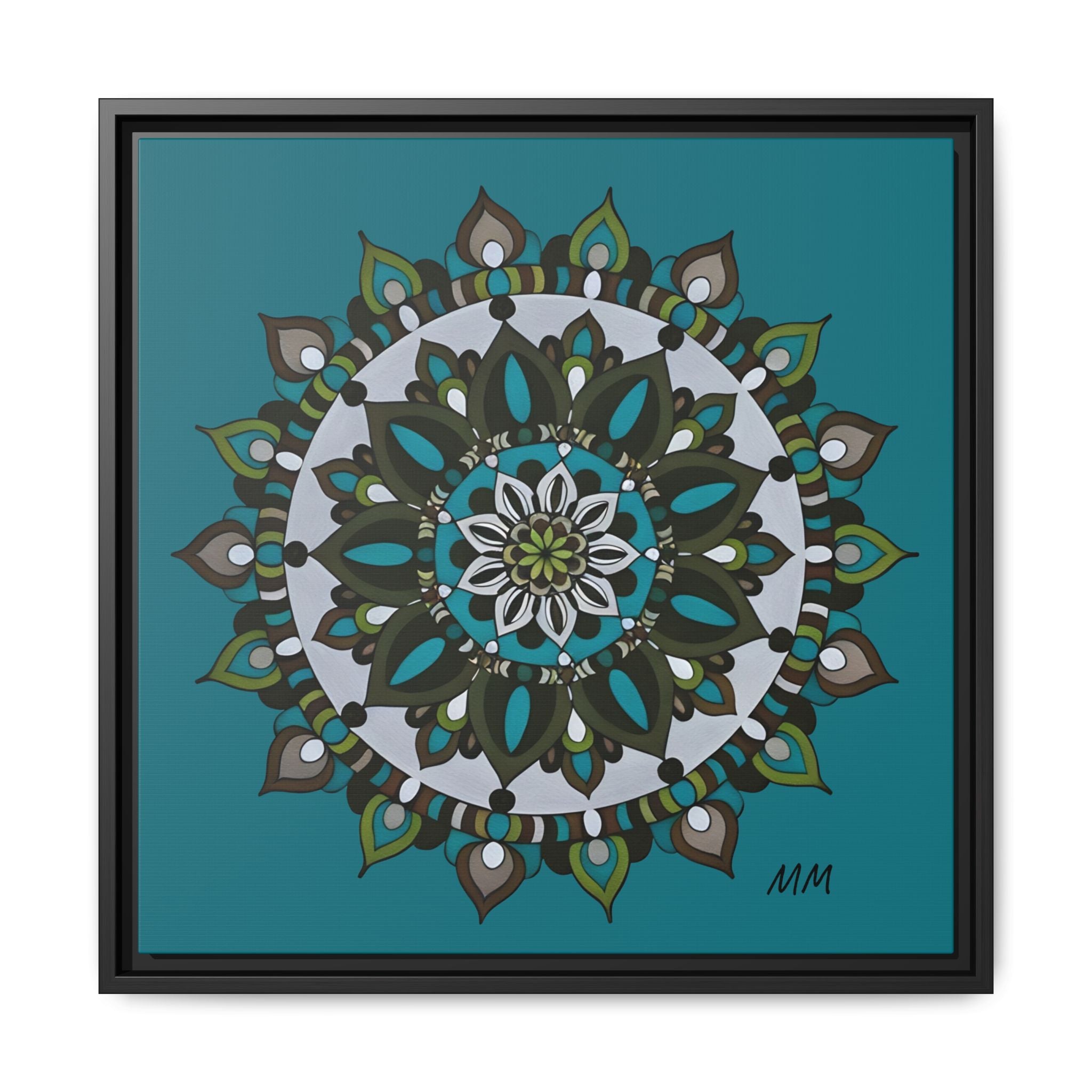 Remi Teal Mandala Framed Canvas — Matte Floral Wall Art