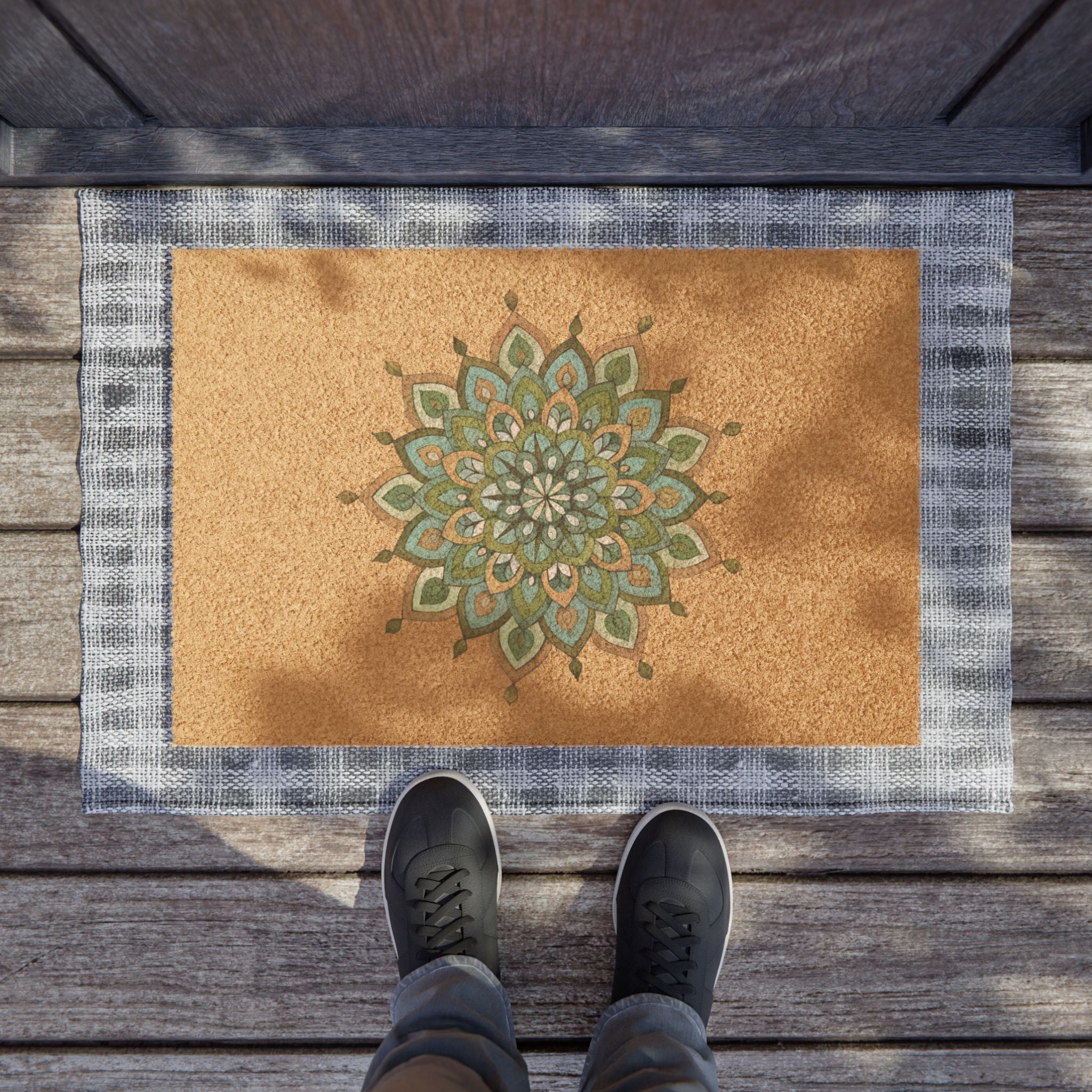 Mary Mandala  Art Boho Coir Doormat — Turquoise Green Entry Mat
