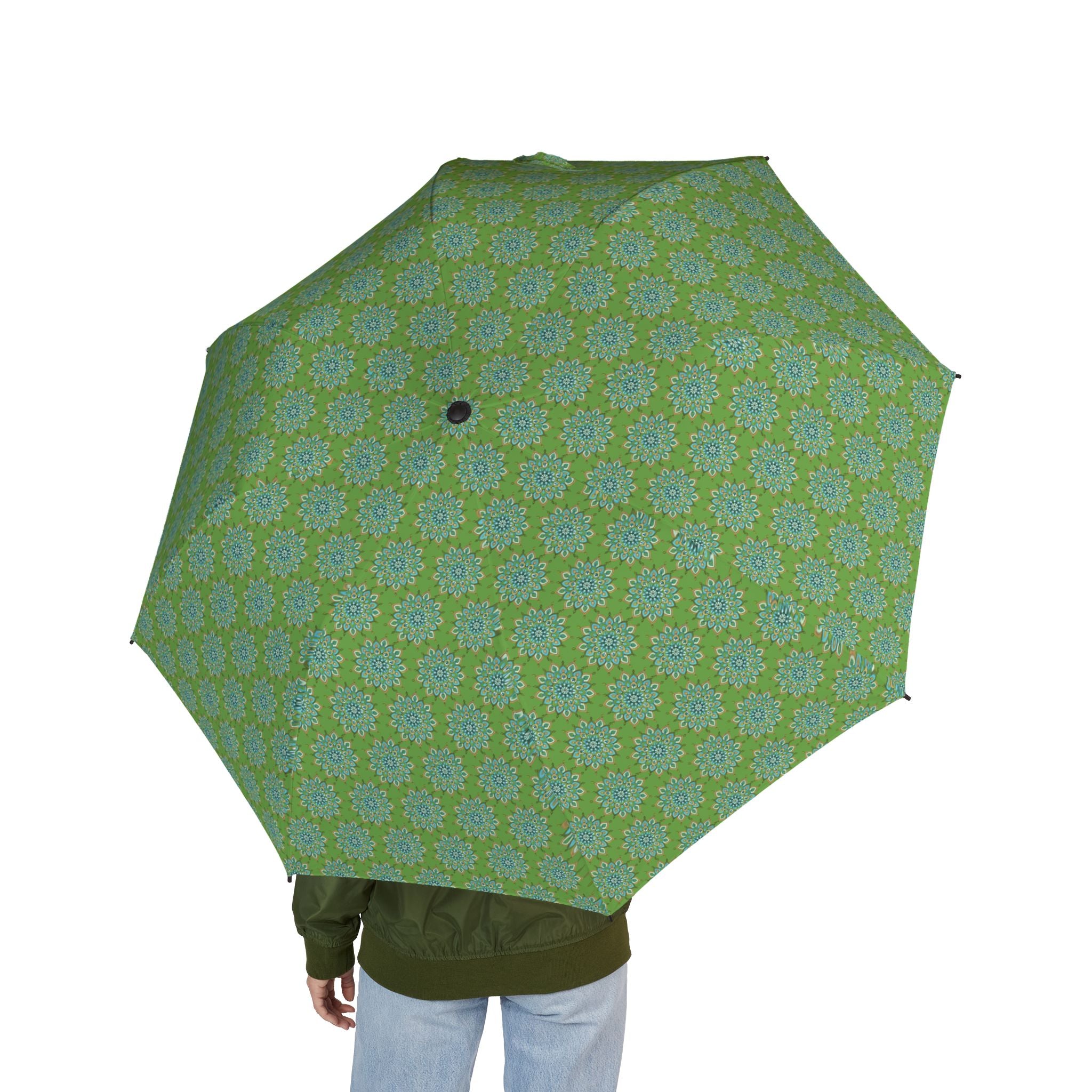 Mary Mandala Art Green Geometric Foldable Umbrella — Semi-Automatic Compact Rain Travel Umbrella