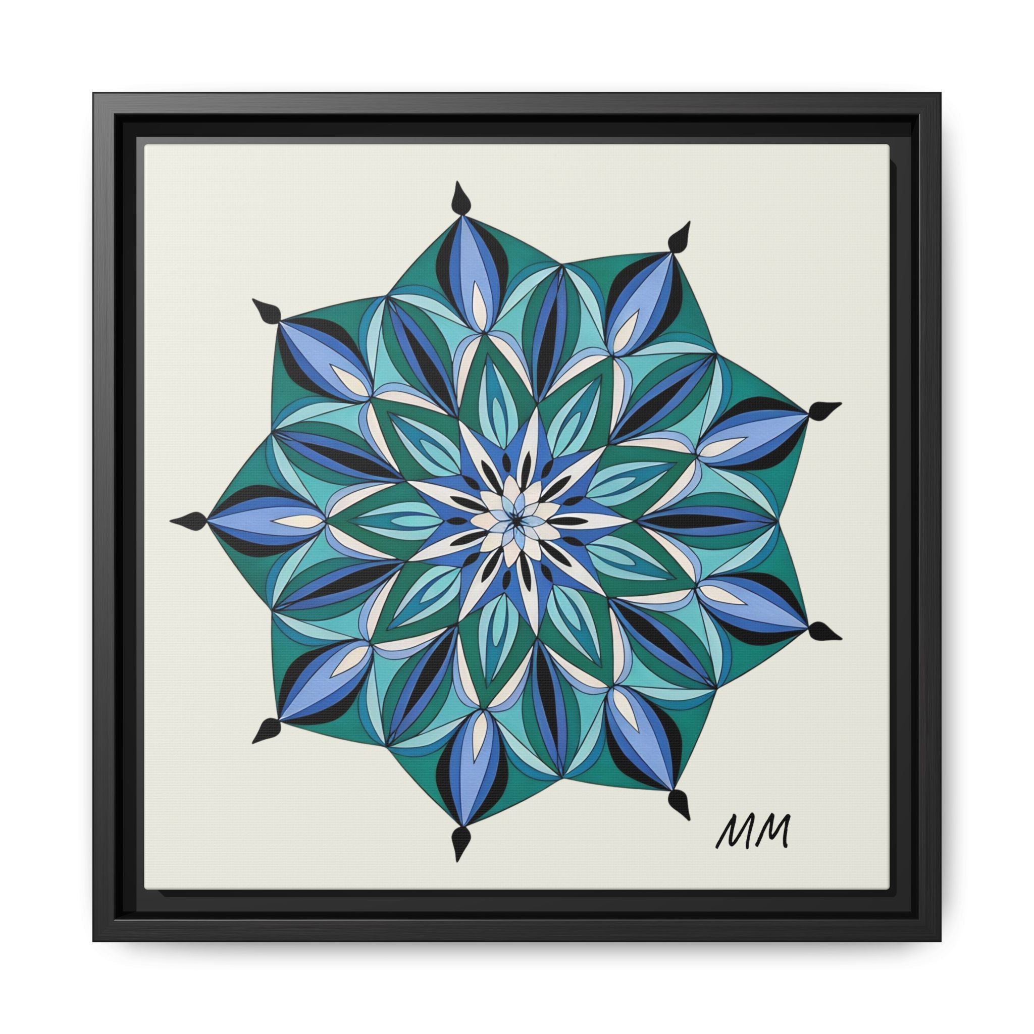 Arabella Blue Green Mandala Framed Canvas Print — Modern Geometric Wall Art