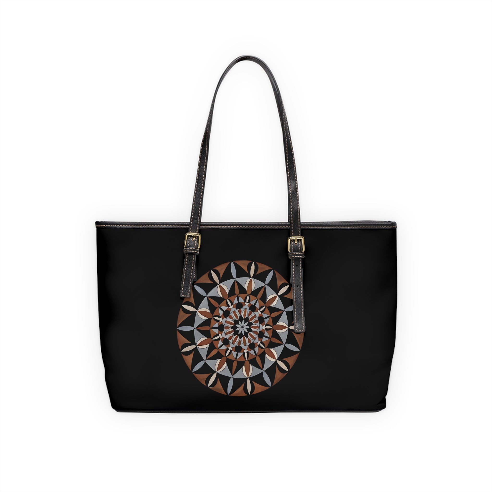 Lily Mandala Leather Tote Bag — Geometric Brown & Black Shoulder Purse