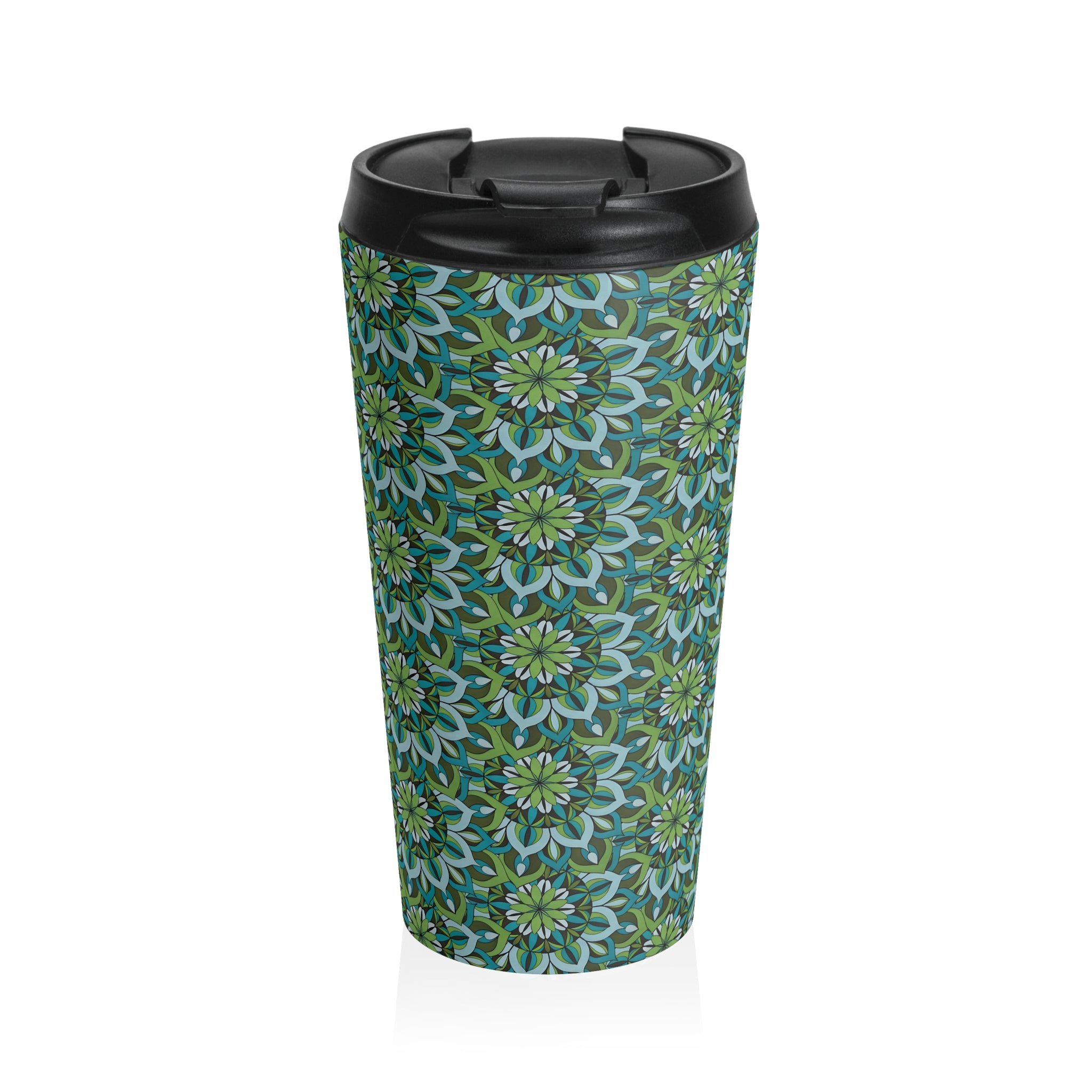 Lynne Mandala Art Green Floral Travel Mug — Stainless Steel Insulated Tumbler