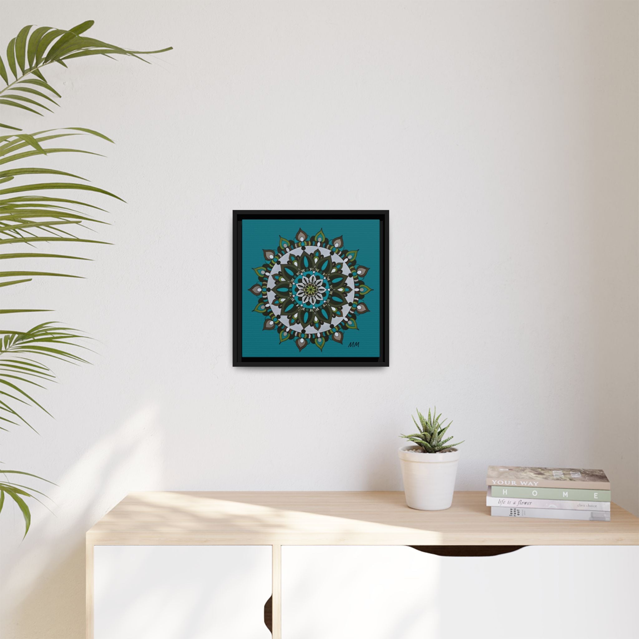Remi Teal Mandala Framed Canvas — Matte Floral Wall Art