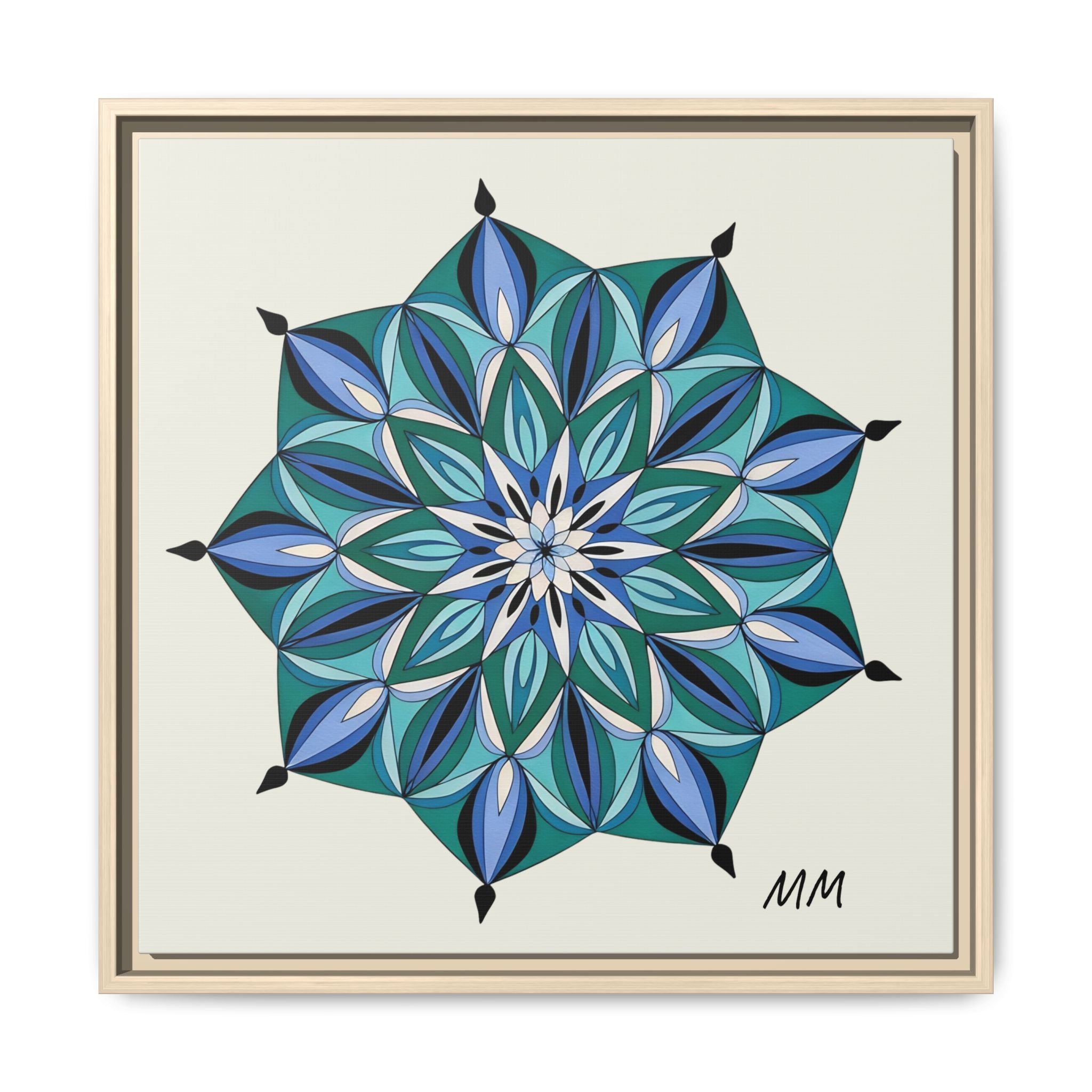 Arabella Blue Green Mandala Framed Canvas Print — Modern Geometric Wall Art