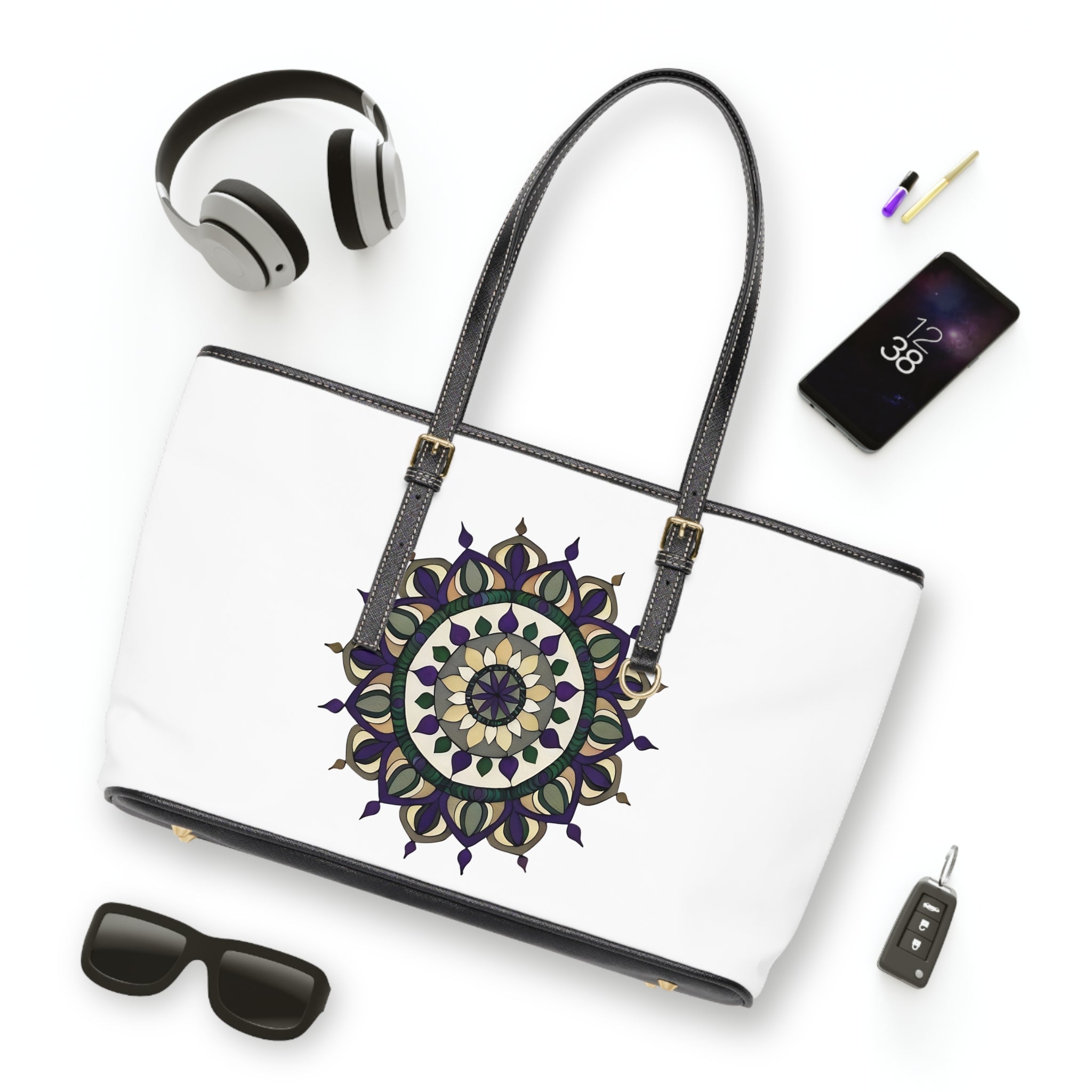 Elizabeth Mandala Shoulder Bag - Boho PU Leather Tote with Purple & Green Floral Medallion