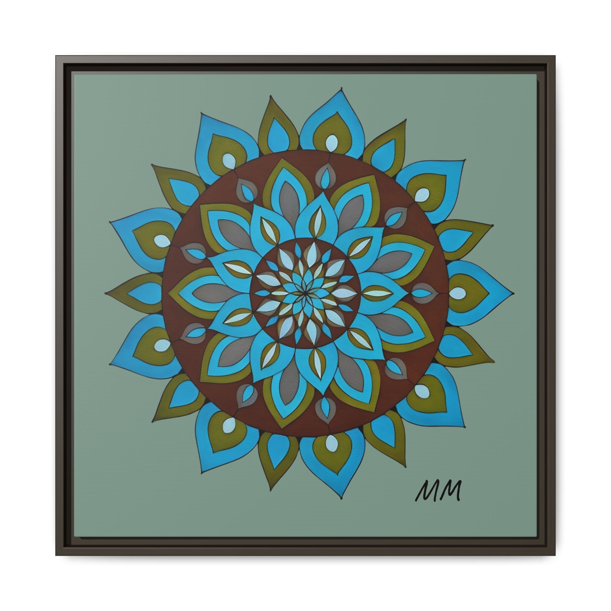 Emily Mandala Art Framed Canvas Wall Art — Blue Green Floral Geometric