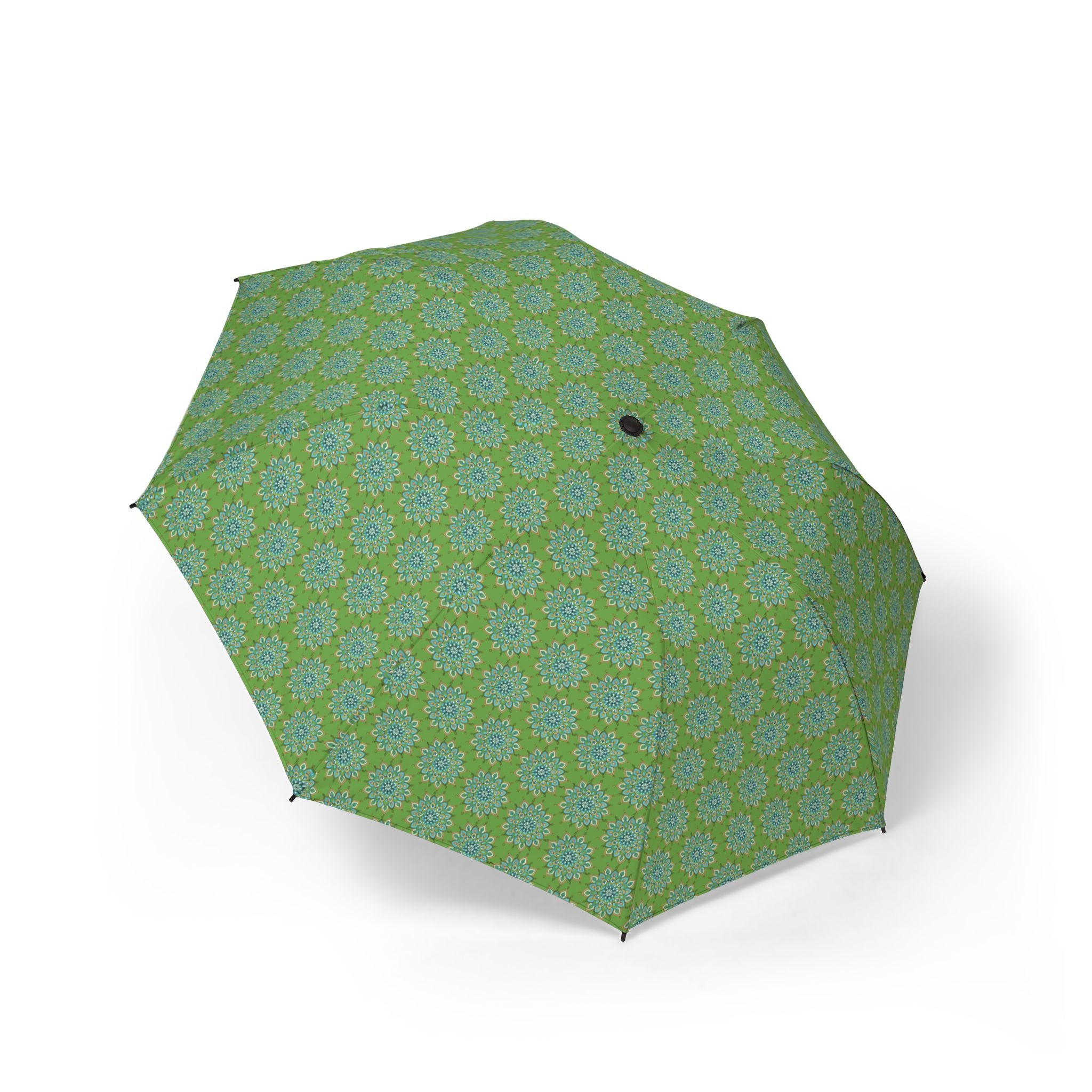 Mary Mandala Art Green Geometric Foldable Umbrella — Semi-Automatic Compact Rain Travel Umbrella
