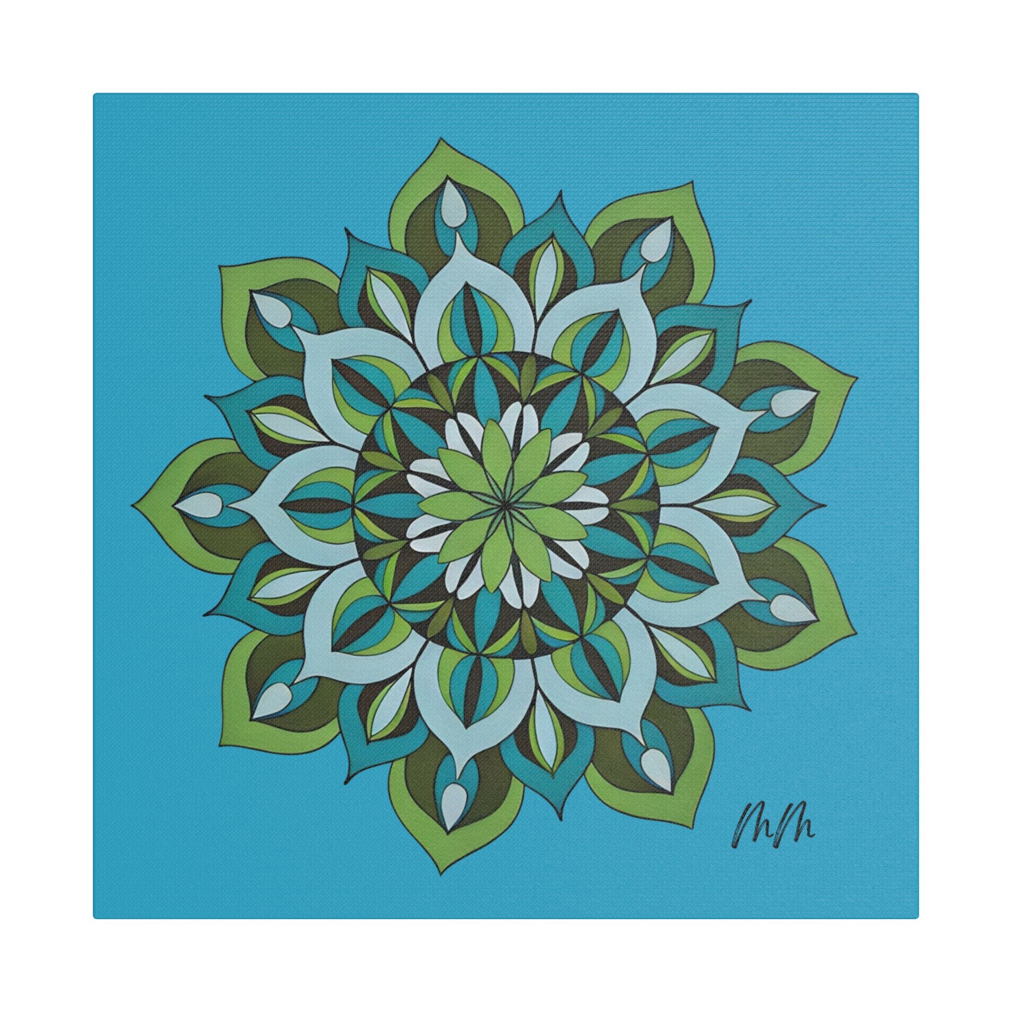 Lynne Mandala Art Green Blue Floral Mandala Satin Canvas Wall Art — Stretched Decorative Canvas