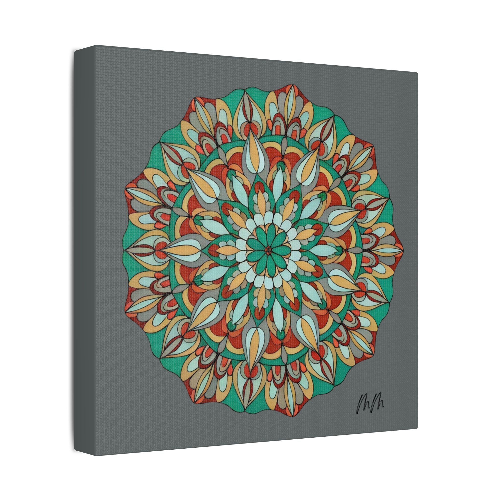 Myra Mandala Wall Art Canvas — Teal & Orange Geometric Boho Decor (Stretched Satin)