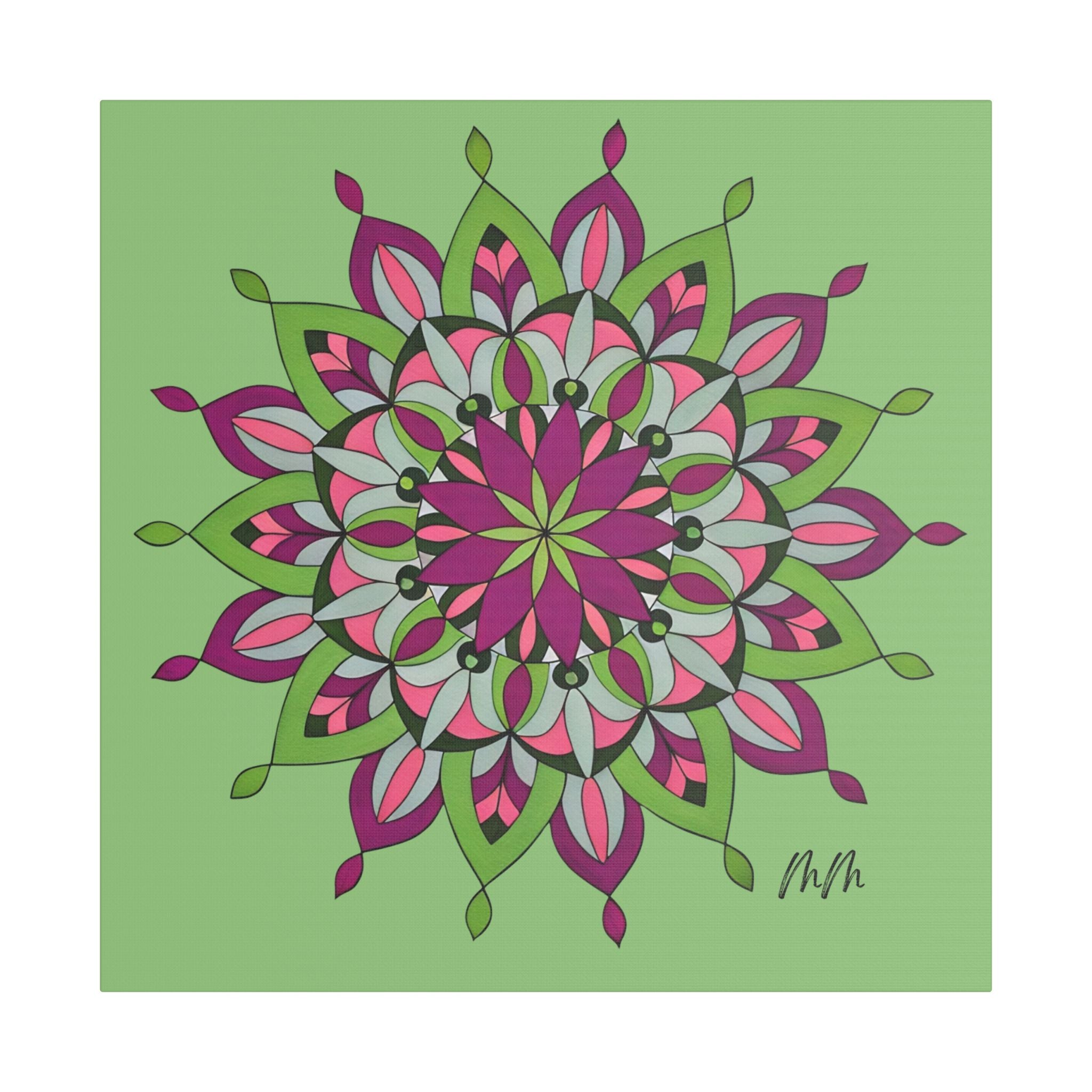 Cali Mandala Floral Satin Canvas Wall Art — Pink & Green Stretched Print