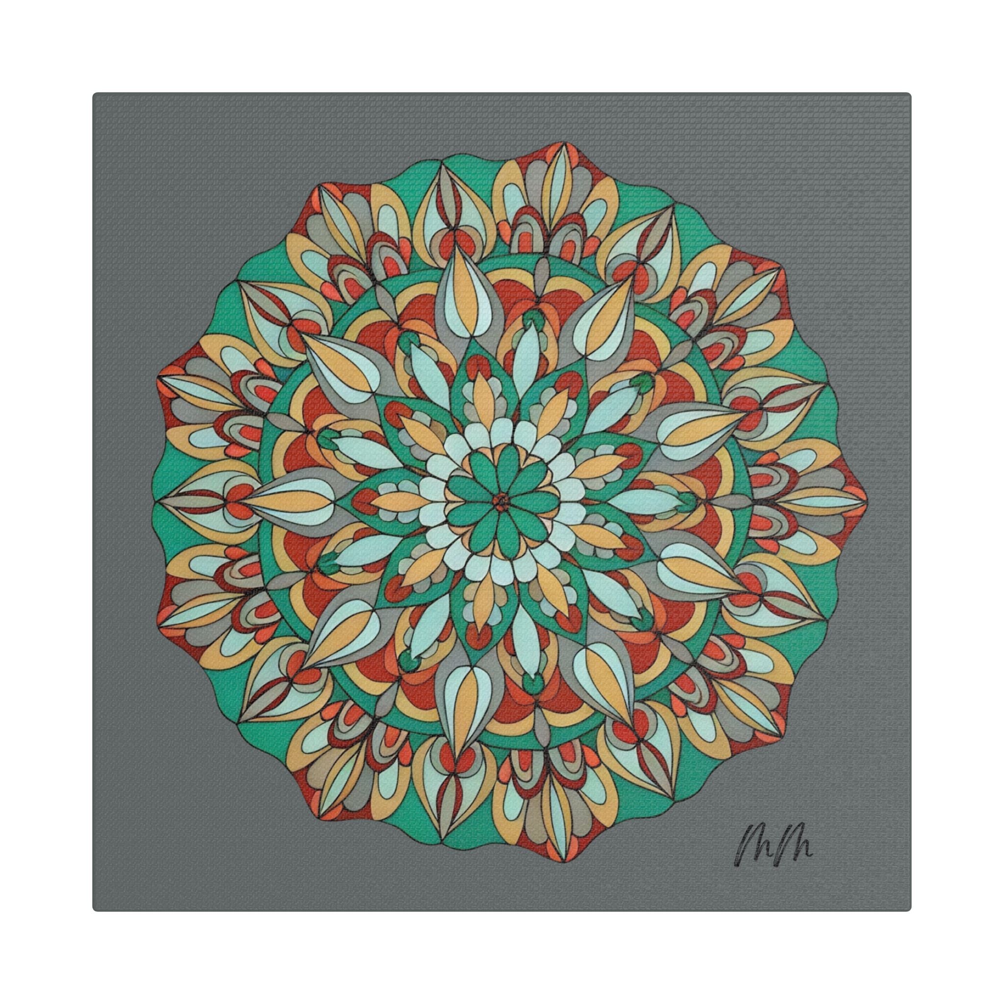 Myra Mandala Wall Art Canvas — Teal & Orange Geometric Boho Decor (Stretched Satin)