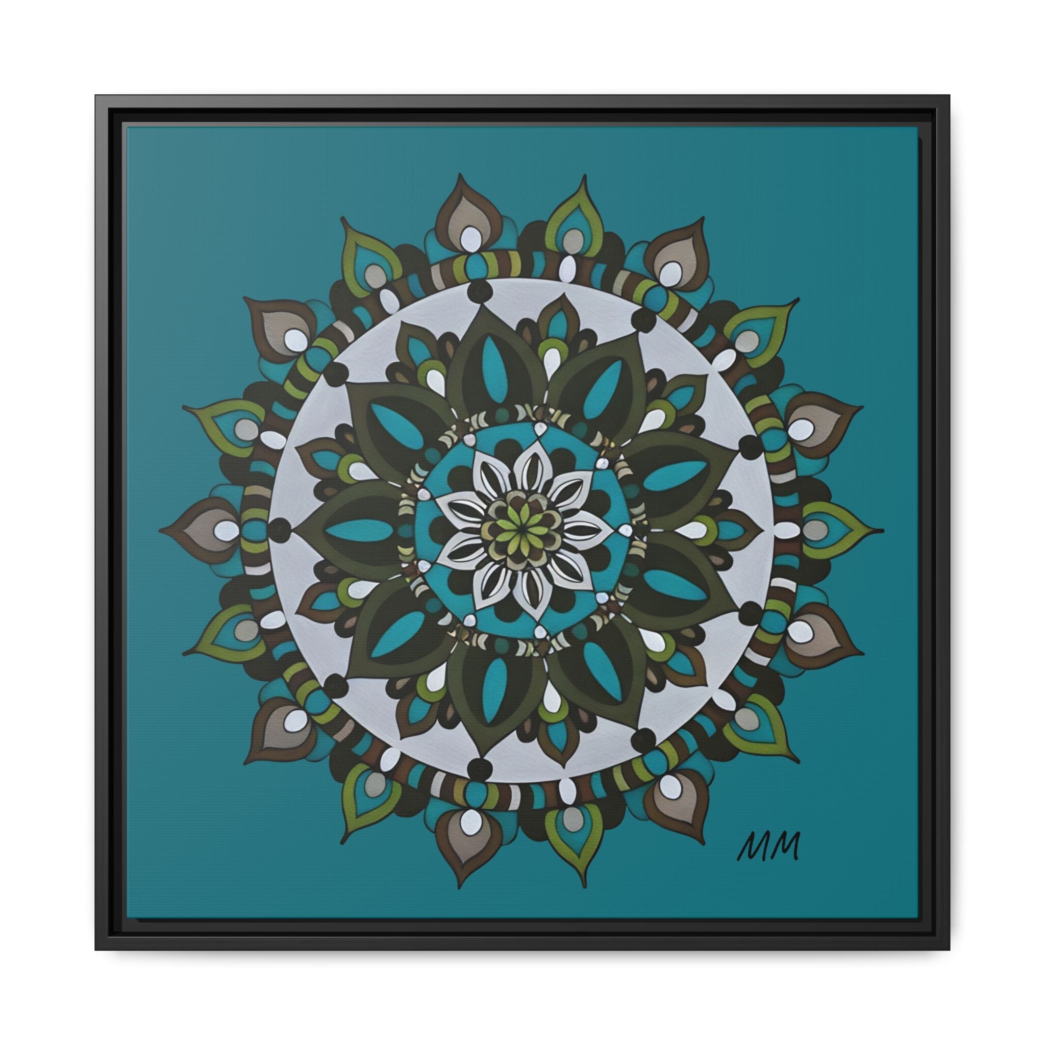 Remi Teal Mandala Framed Canvas — Matte Floral Wall Art
