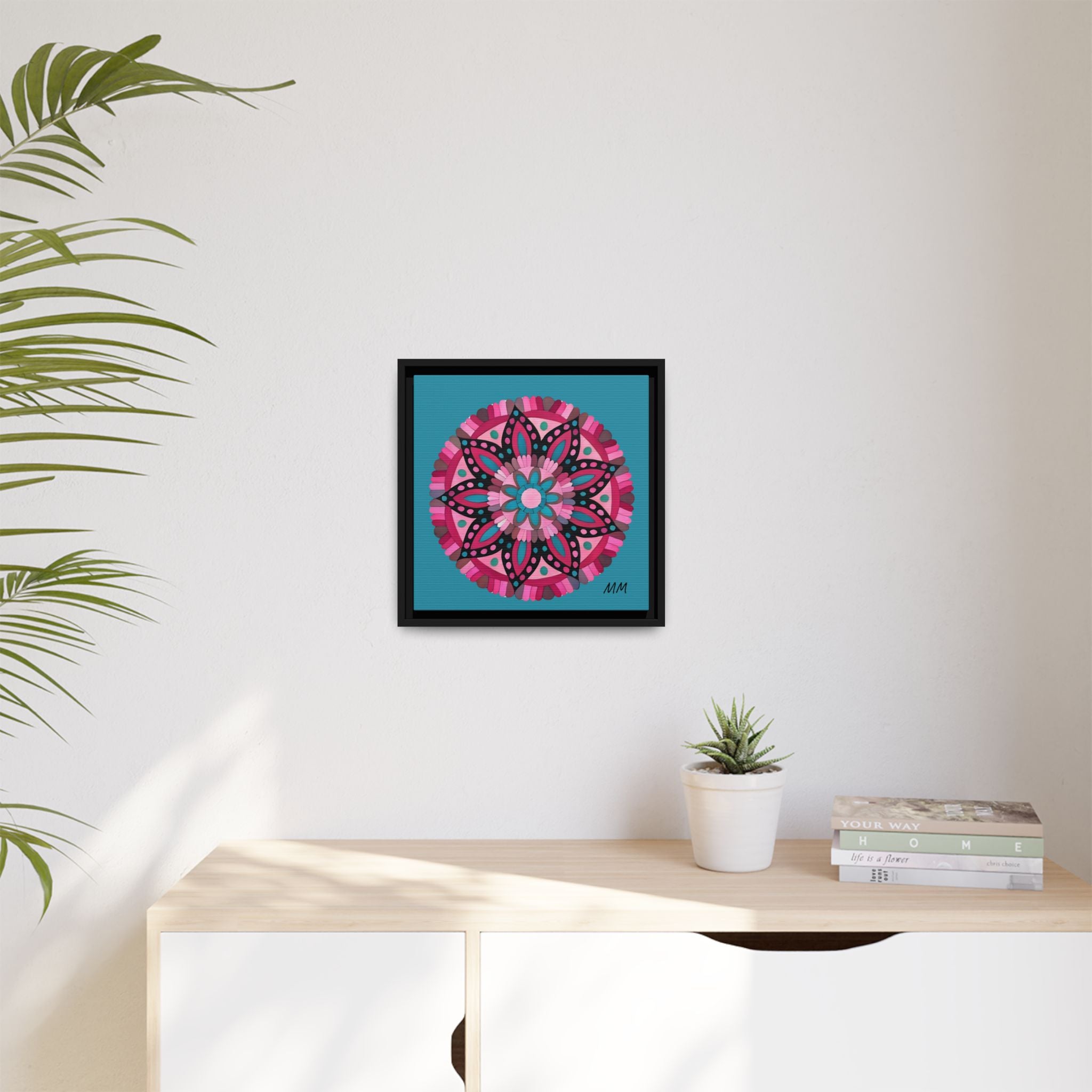 Lennon Framed Floral Mandala Canvas Art – Pink & Teal Decorative Wall Print
