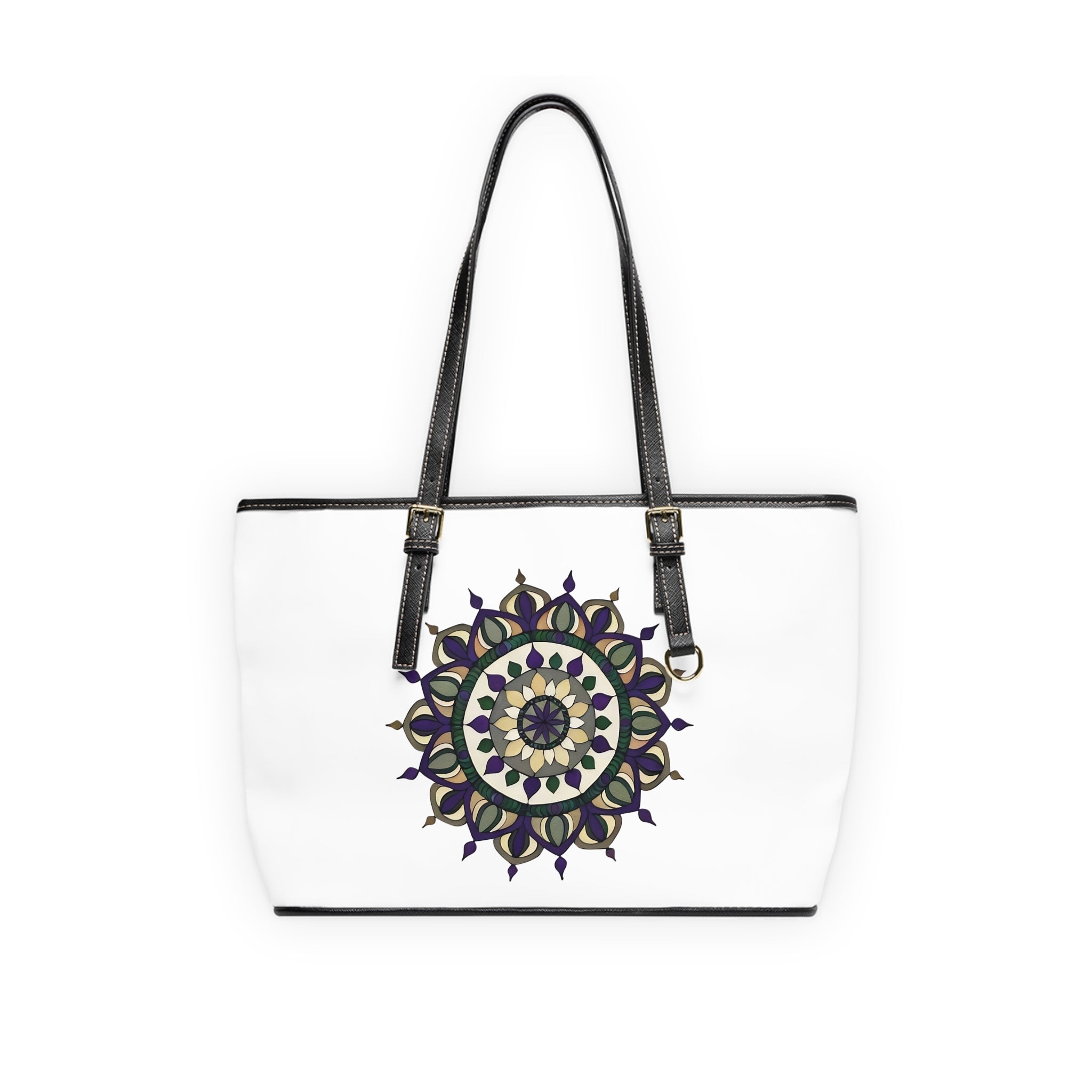 Elizabeth Mandala Shoulder Bag - Boho PU Leather Tote with Purple & Green Floral Medallion