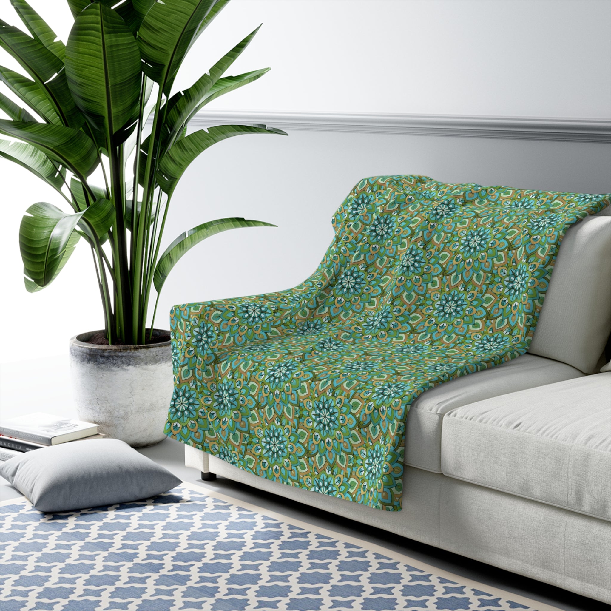 Mary Mandala Teal Floral Plush Sherpa Blanket