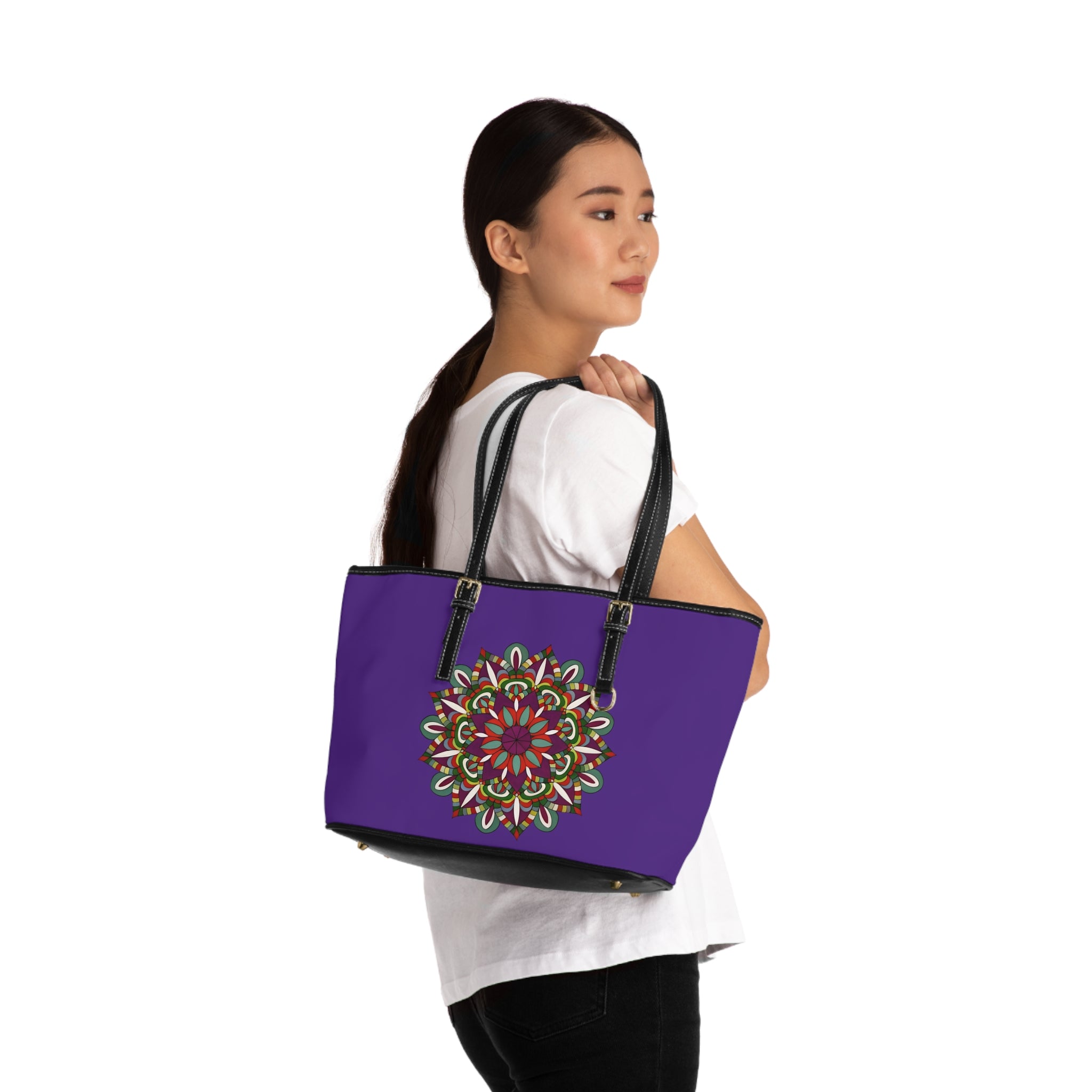 Monica Mandala PU Leather Shoulder Bag - Boho Floral Tote in Purple