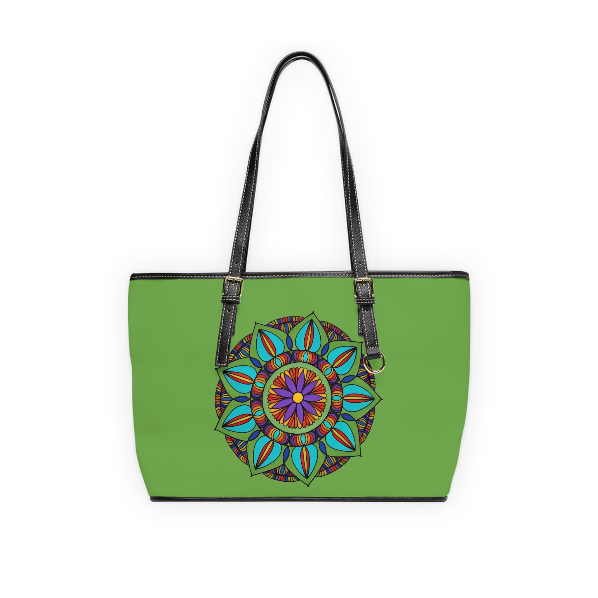 Monique Mandala Shoulder Bag - Green PU Leather Tote with Colorful Boho Flower Design