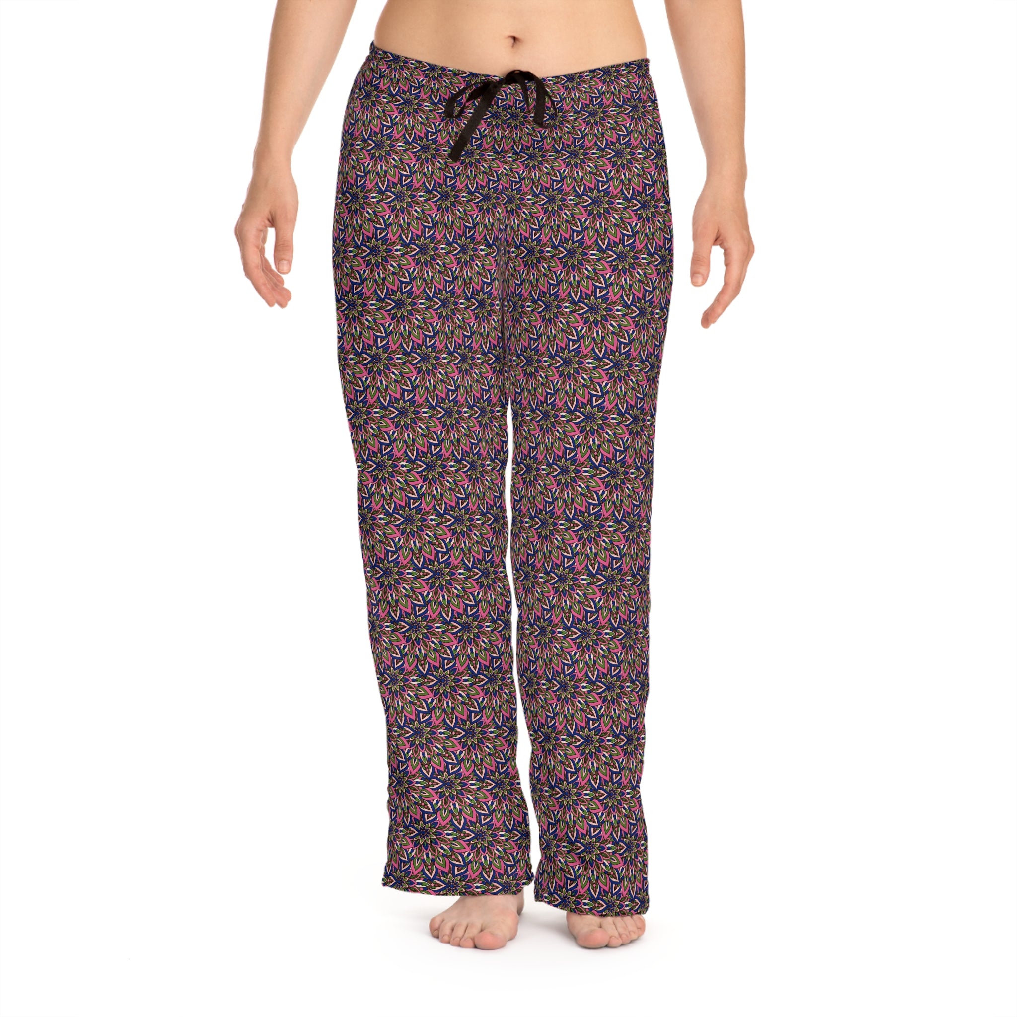Laura Mandala Women's Floral Lounge Pajama Pants — Pink & Black All-Over Print