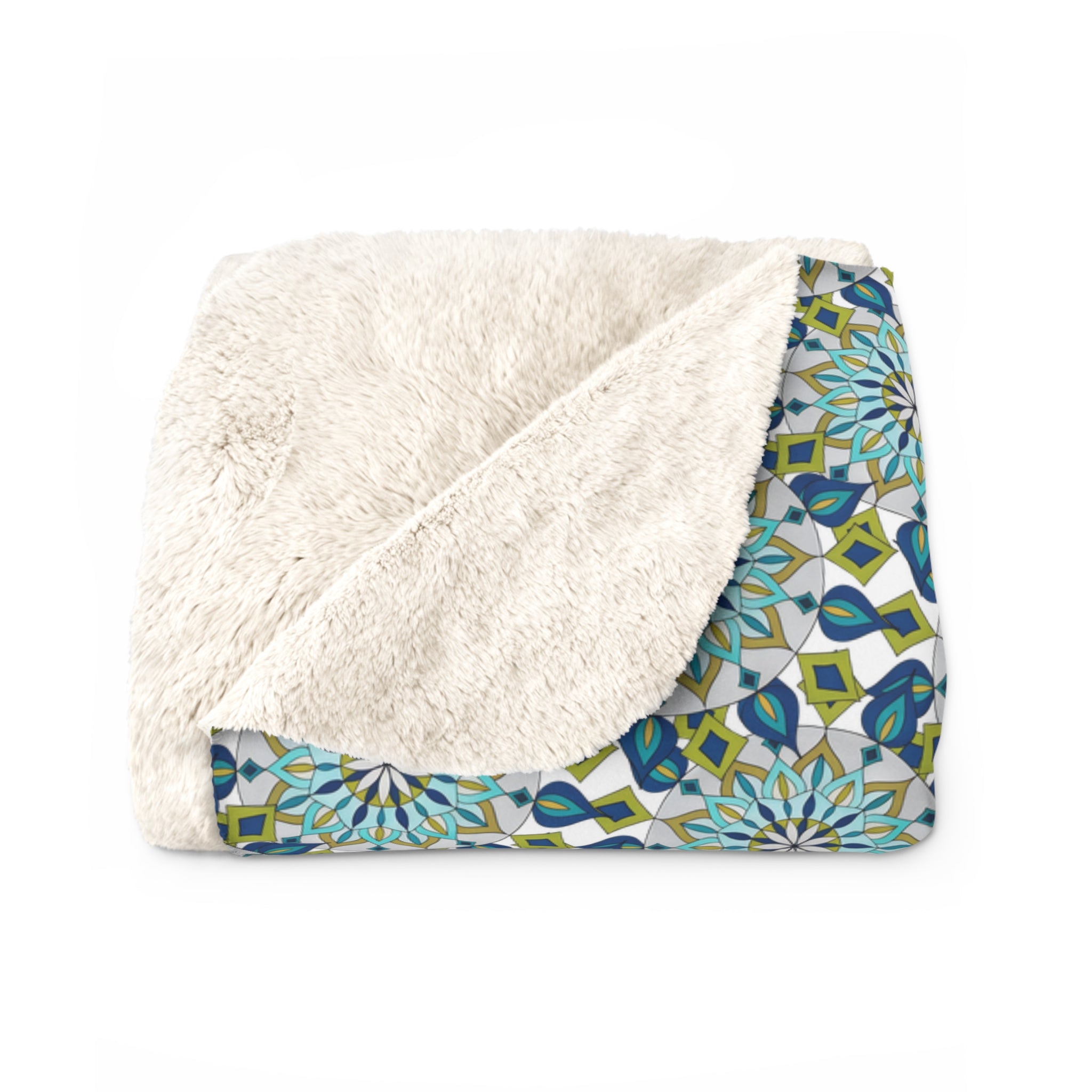 Genie Mandala Blue Floral Sherpa Blanket — Cozy Boho Fleece Throw