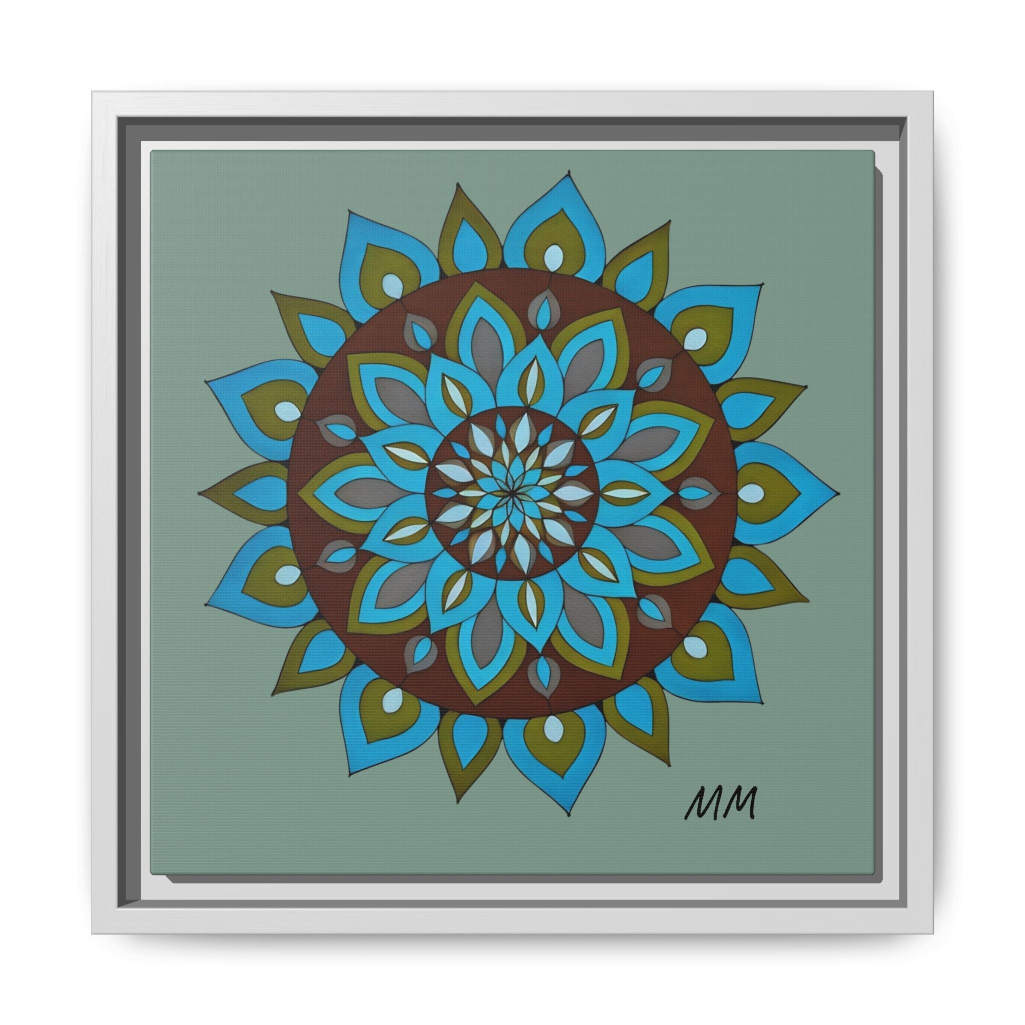 Emily Mandala Art Framed Canvas Wall Art — Blue Green Floral Geometric
