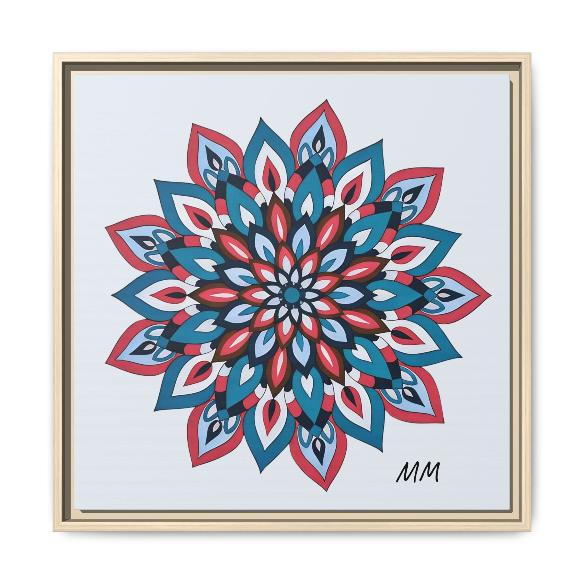 Quinn Framed Mandala Wall Art Print — Blue & Coral Floral Canvas