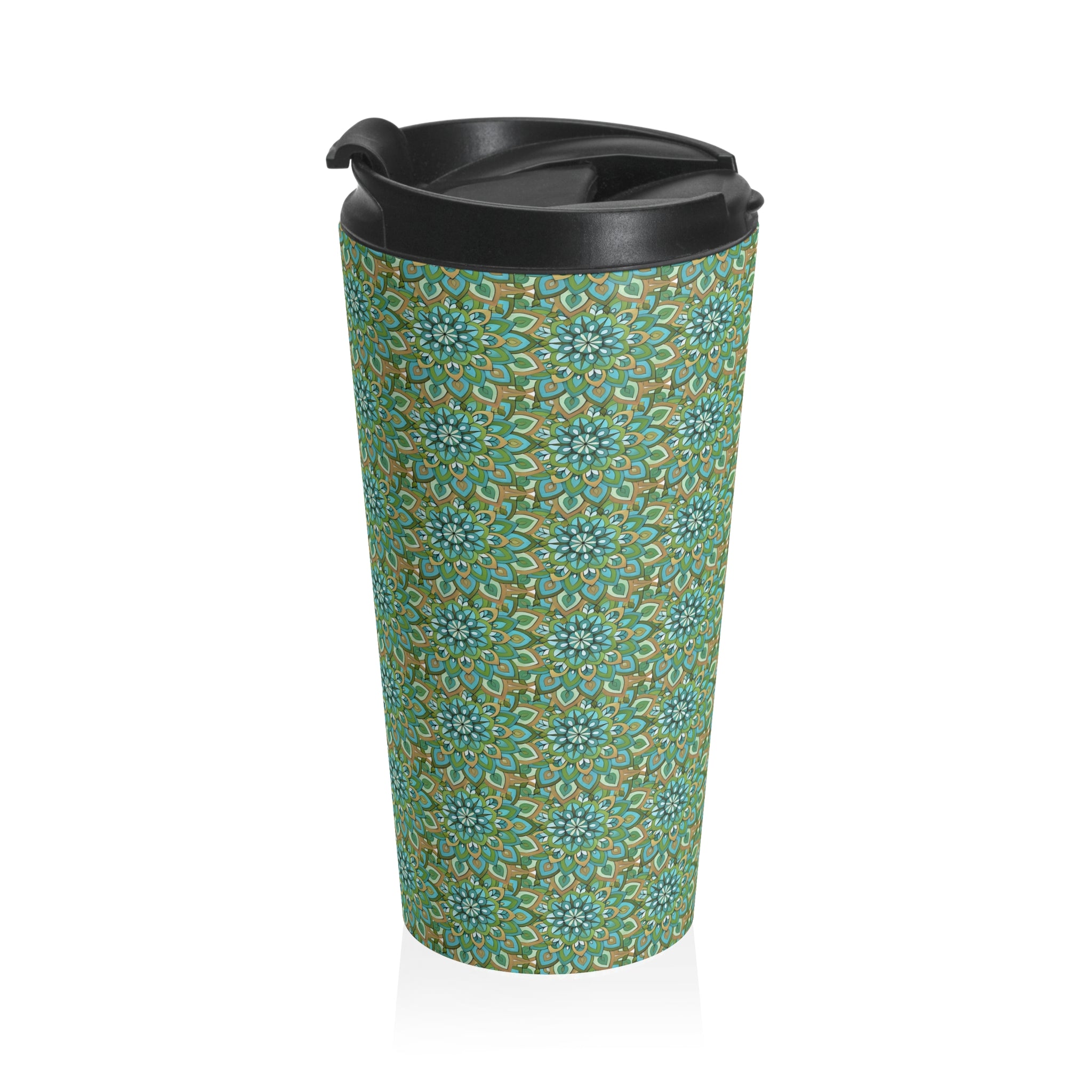 Mary Mandala Art Floral Mosaic Stainless Steel Travel Mug — Green Boho Pattern, Insulated Commuter Tumbler