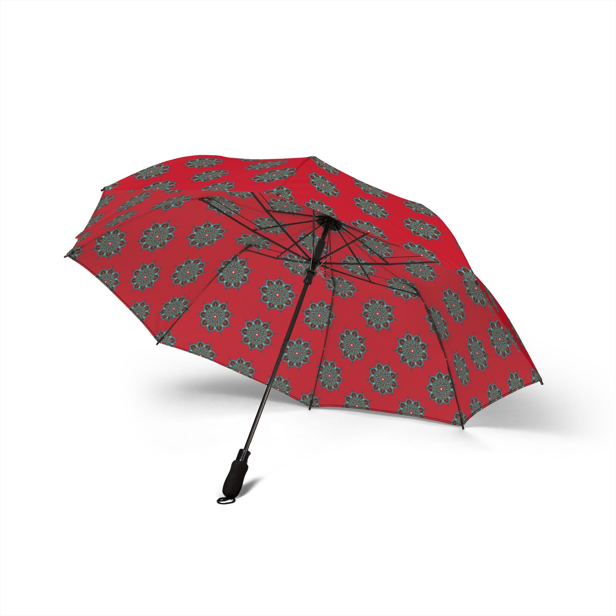 Everlee Mandala Art Compact Foldable Umbrella — Red Floral Medallion Pattern, Semi‑Automatic Travel Umbrella