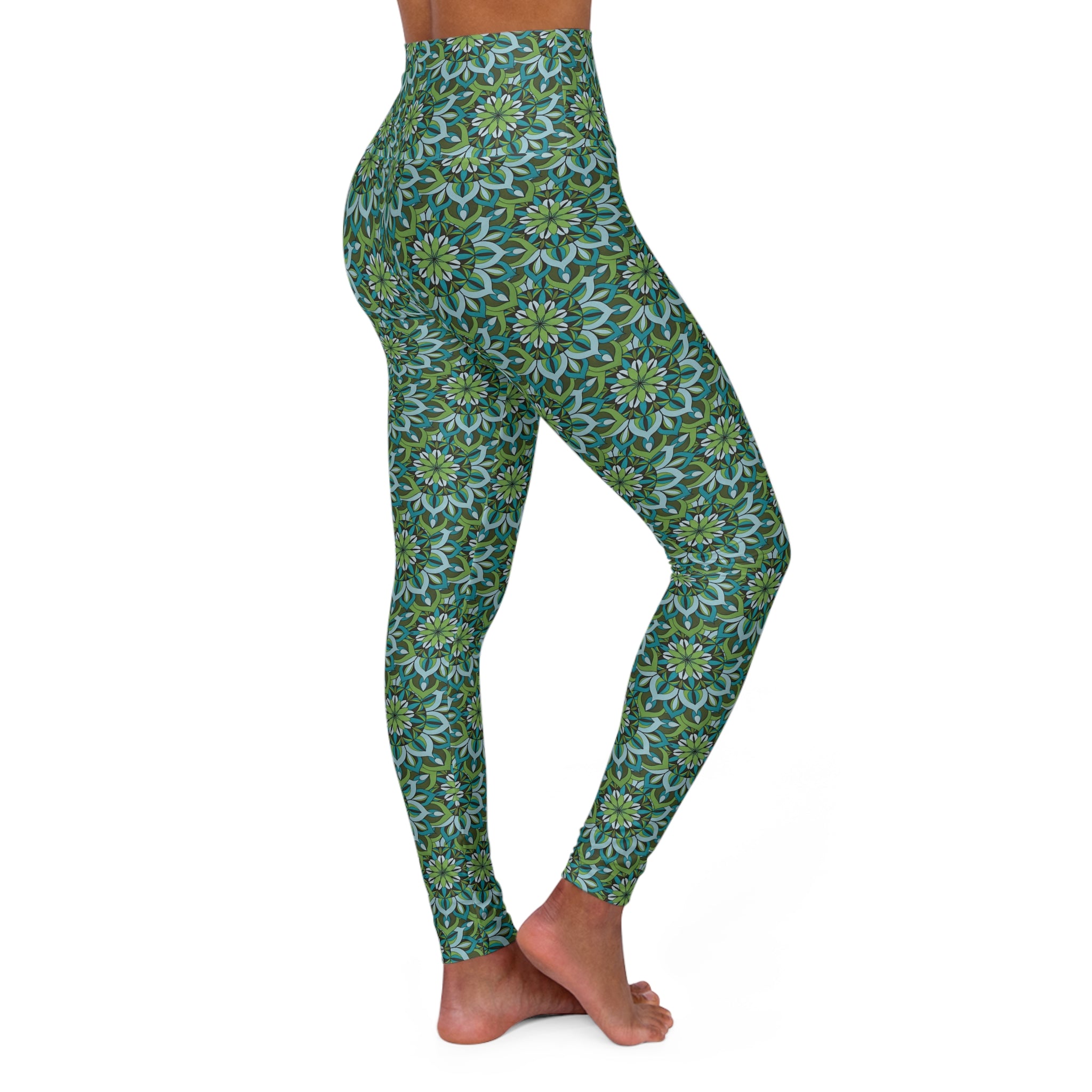 Lynne Mandala High-Waist Yoga Leggings — Green Floral Print (AOP)