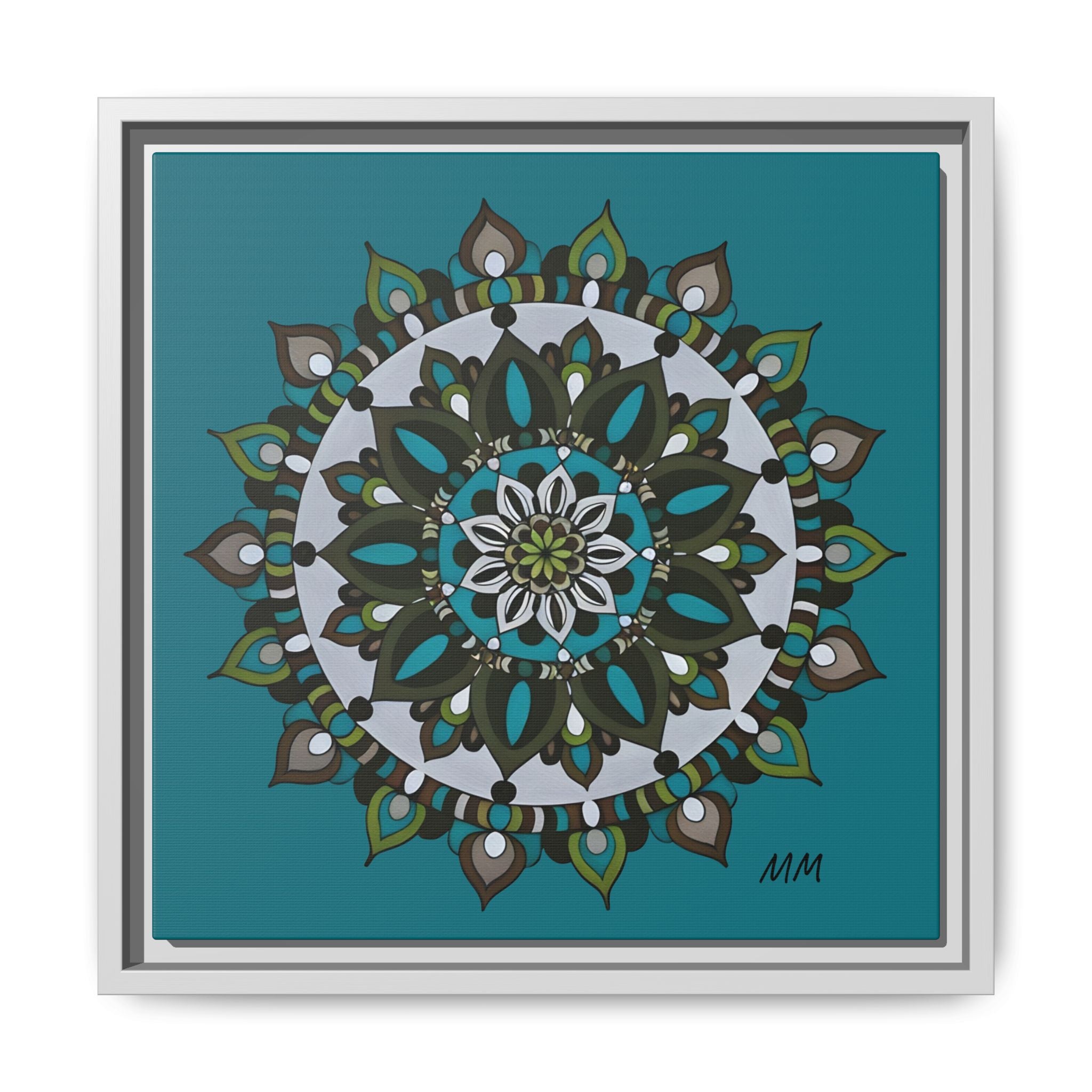 Remi Teal Mandala Framed Canvas — Matte Floral Wall Art