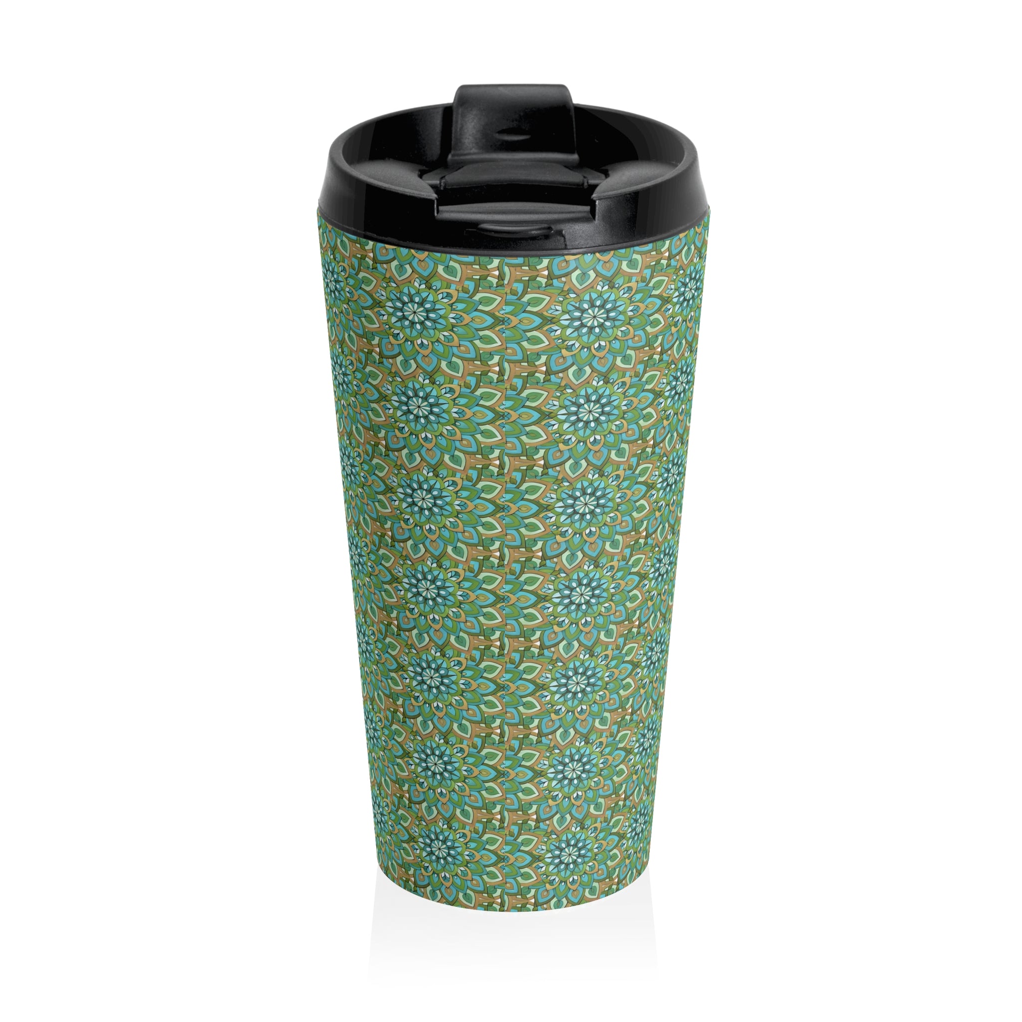 Mary Mandala Art Floral Mosaic Stainless Steel Travel Mug — Green Boho Pattern, Insulated Commuter Tumbler